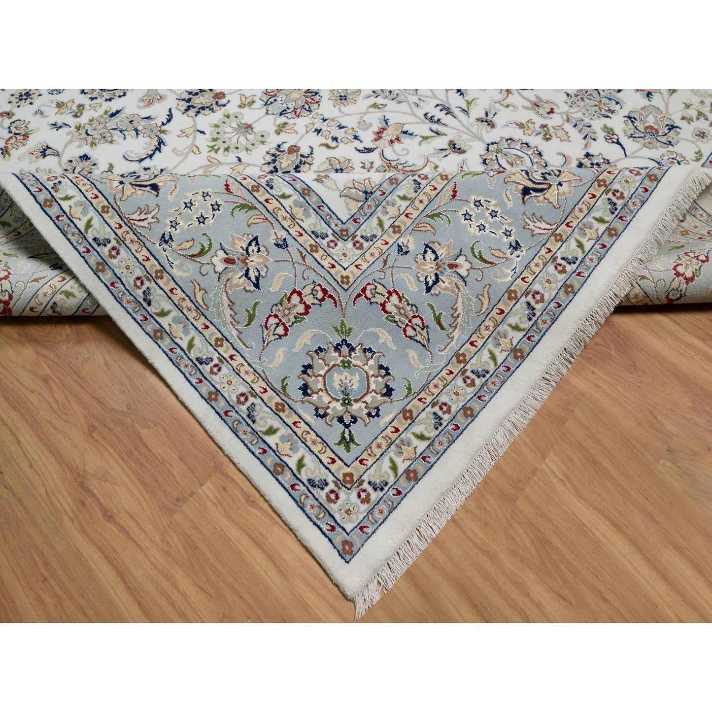 10'2"X10'2" White Nain Flower Motif Wool And Silk Hand Knotted Square Rug