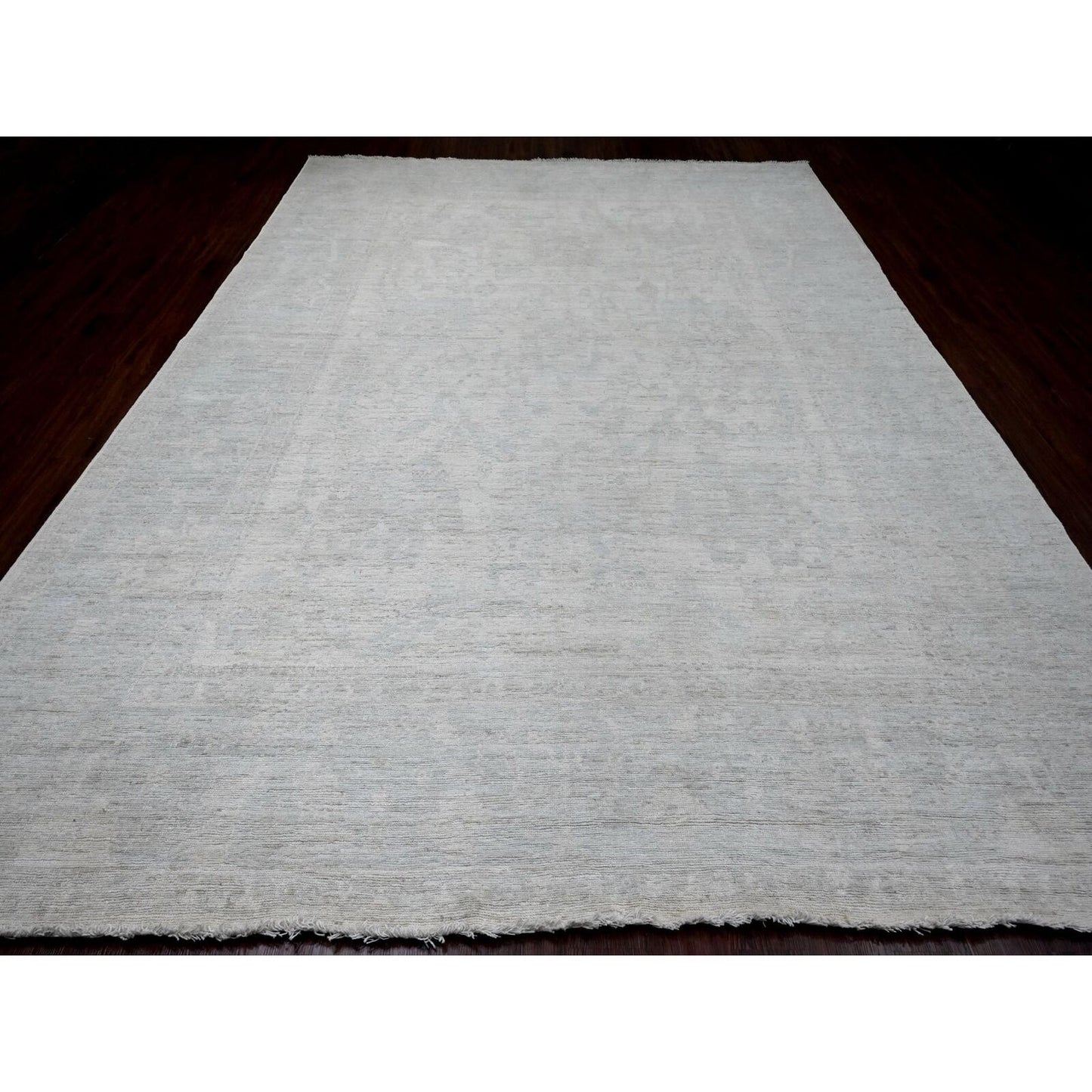 9'10"X13'9" Gray Afghan Angora Oushak Leaf Design Hand Knotted Wool Rug