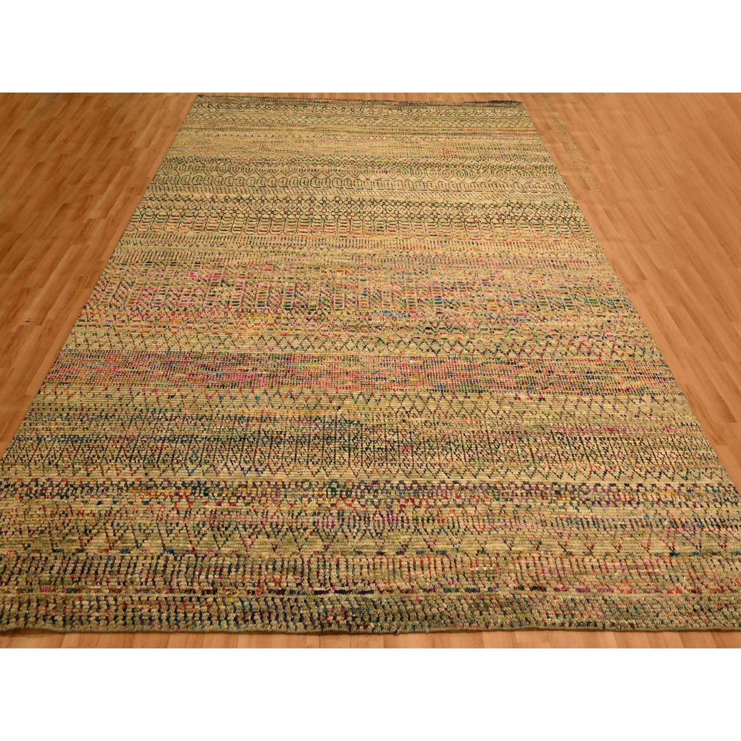 9'X12'3" Brown Sari Silk And Wool Geometric Design Hand Knotted Rug