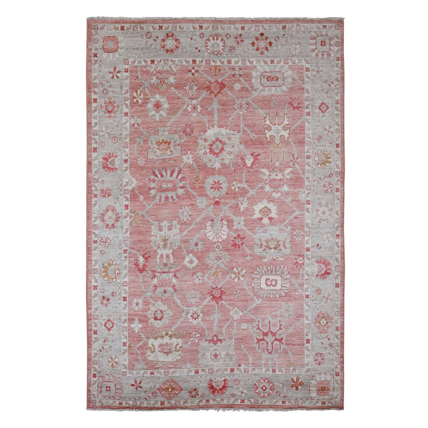 6'2"X9'1" Pink Afghan Angora Oushak Leaf Pattern Hand Knotted Wool Rug