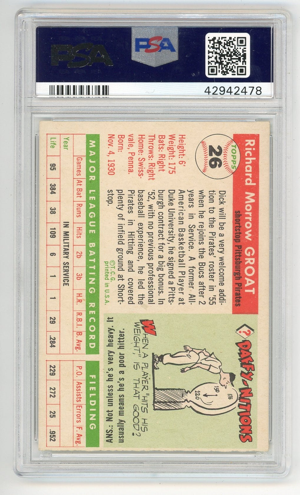 Dick Groat 1955 Topps #26 Psa 6