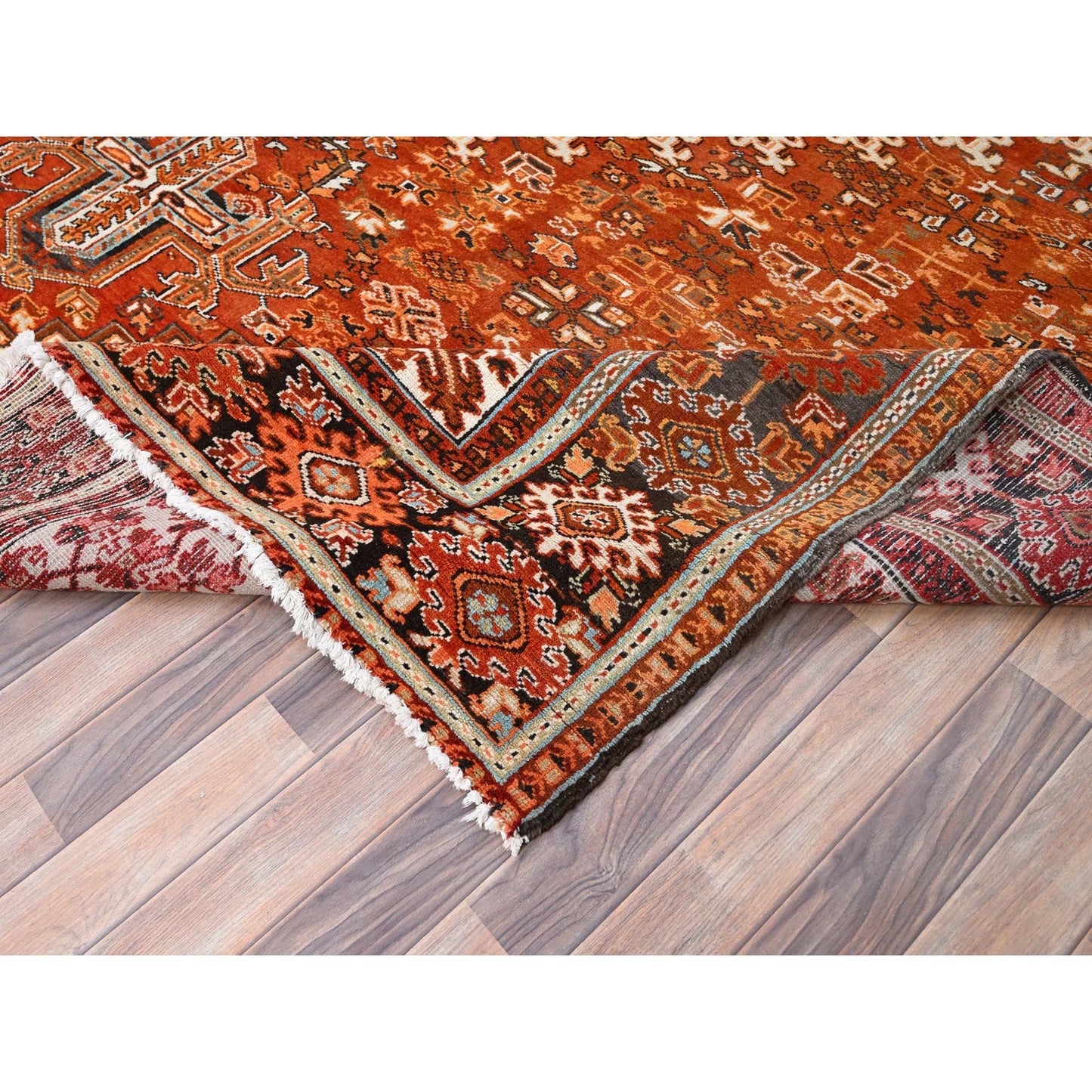 10'2"X13' Orange Semi Antique Zoroastrian Heris Worn Wool Handknotted Rug