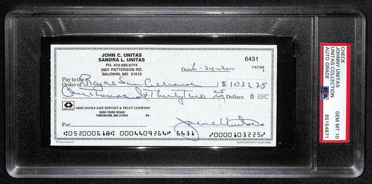 Johnny Unitas Hof Signed/Auto 2000 Bank Check