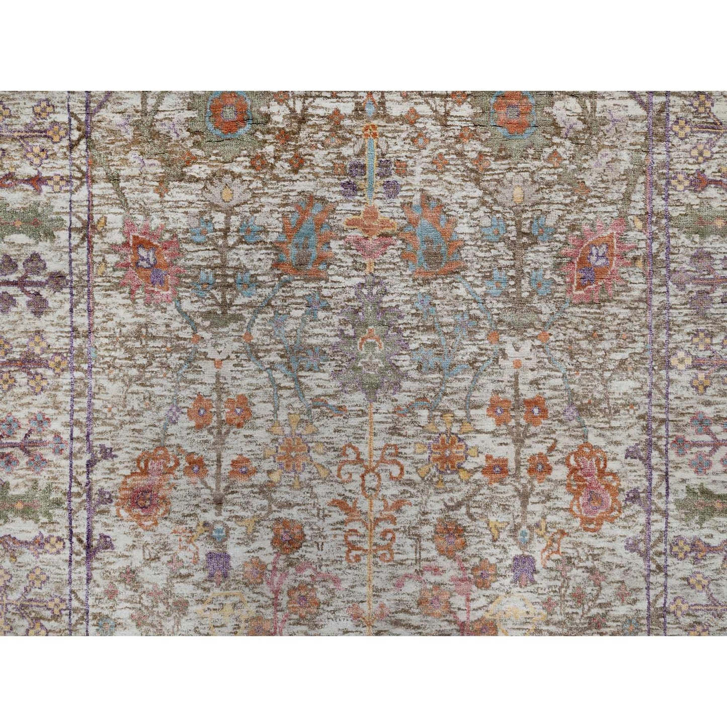 4'X6'1" Daisy White Silk With Textured Wool Hand Knotted Vase Design Rug