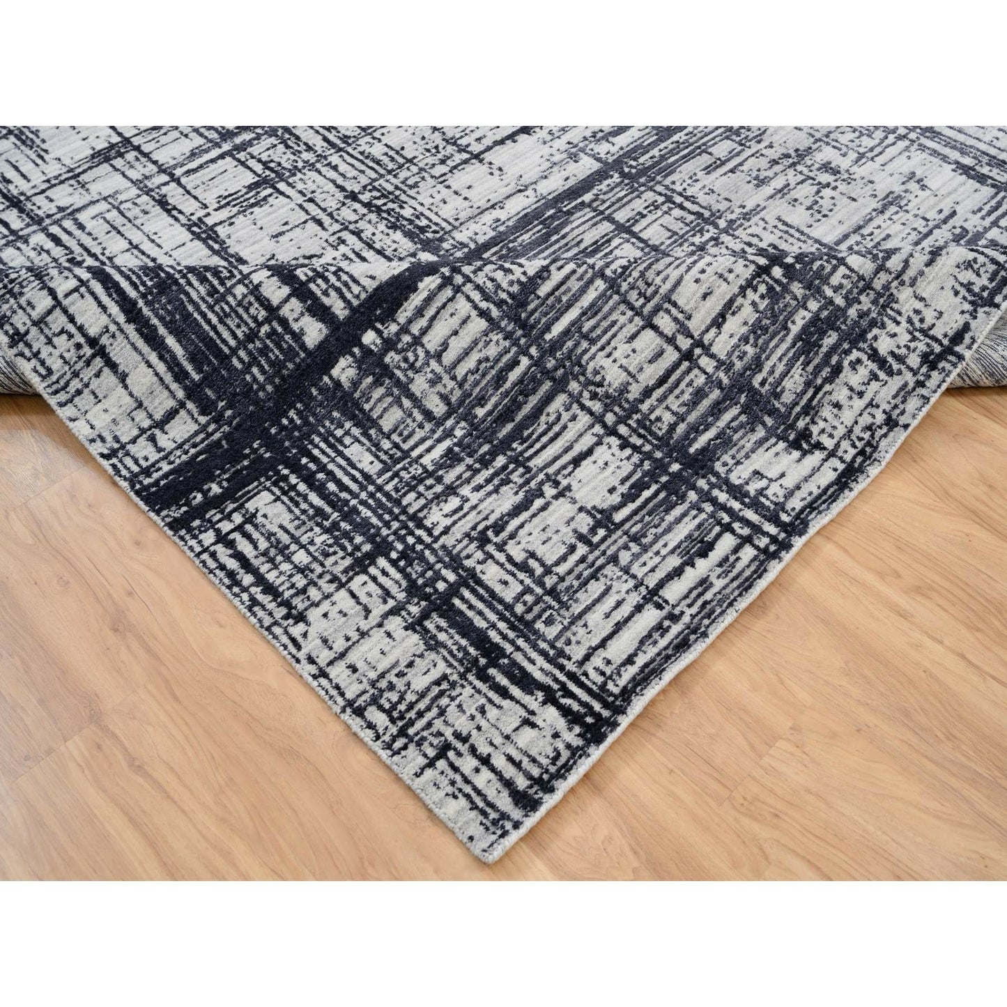 9'X11'10" Black Modern Design Wool And Silk Hand Loomed Rug
