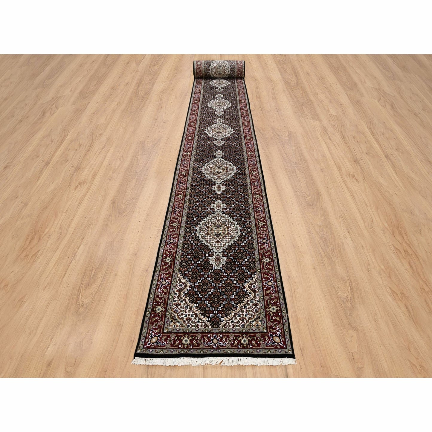 2'4"X27'1" Black Hand Knotted Tebraz Mahi Wool And Silk Runner Rug