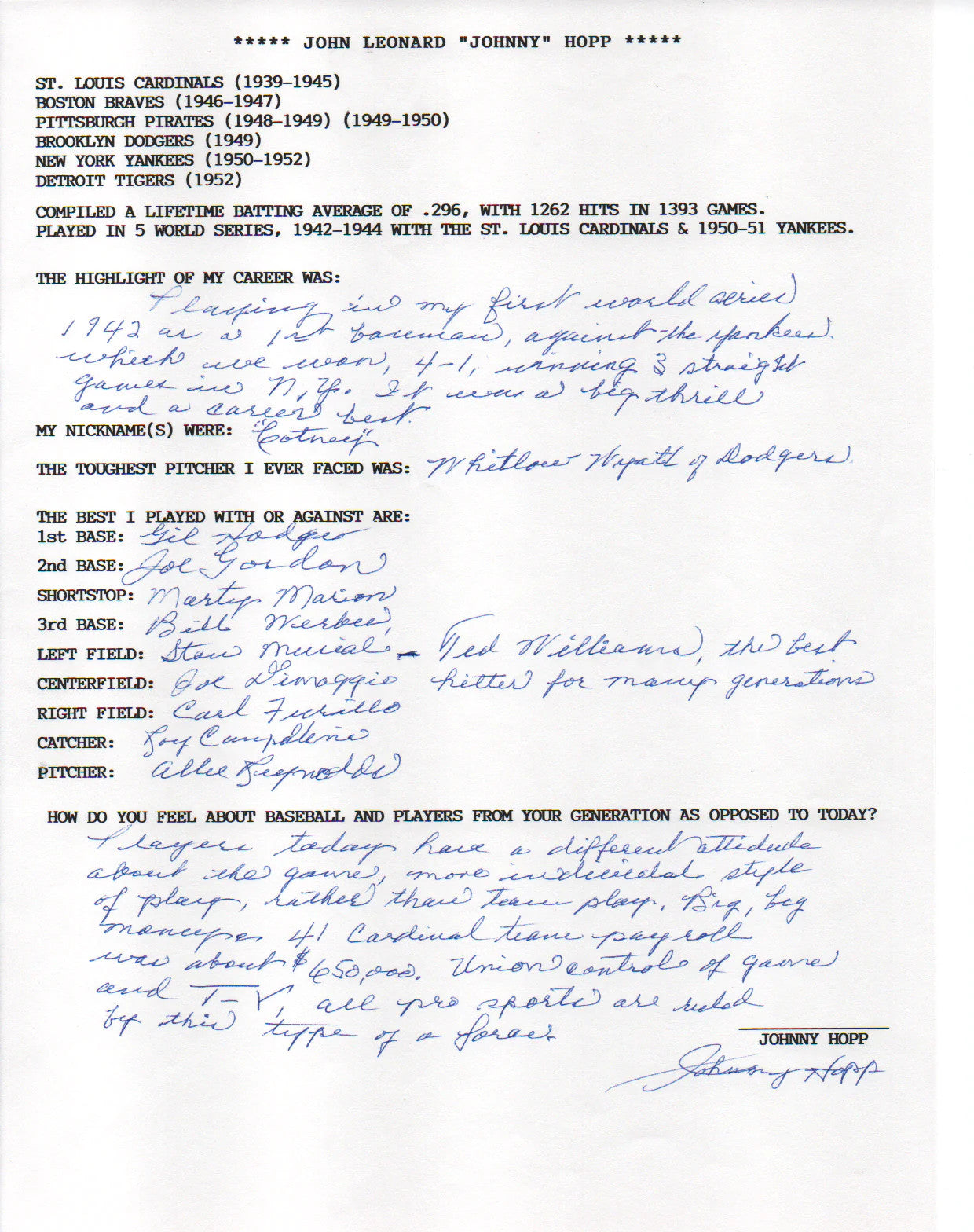 Johnny Hopp Autographed Hand Filled Out Survey Page (Jsa)