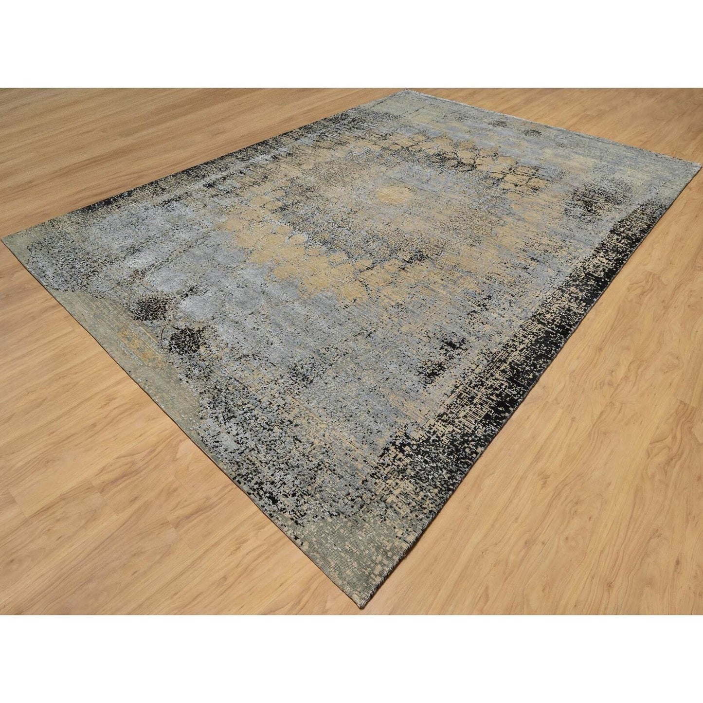 10'X14' Brown Broken And Erased Hand Knotted Silk And Wool Oriental Rug