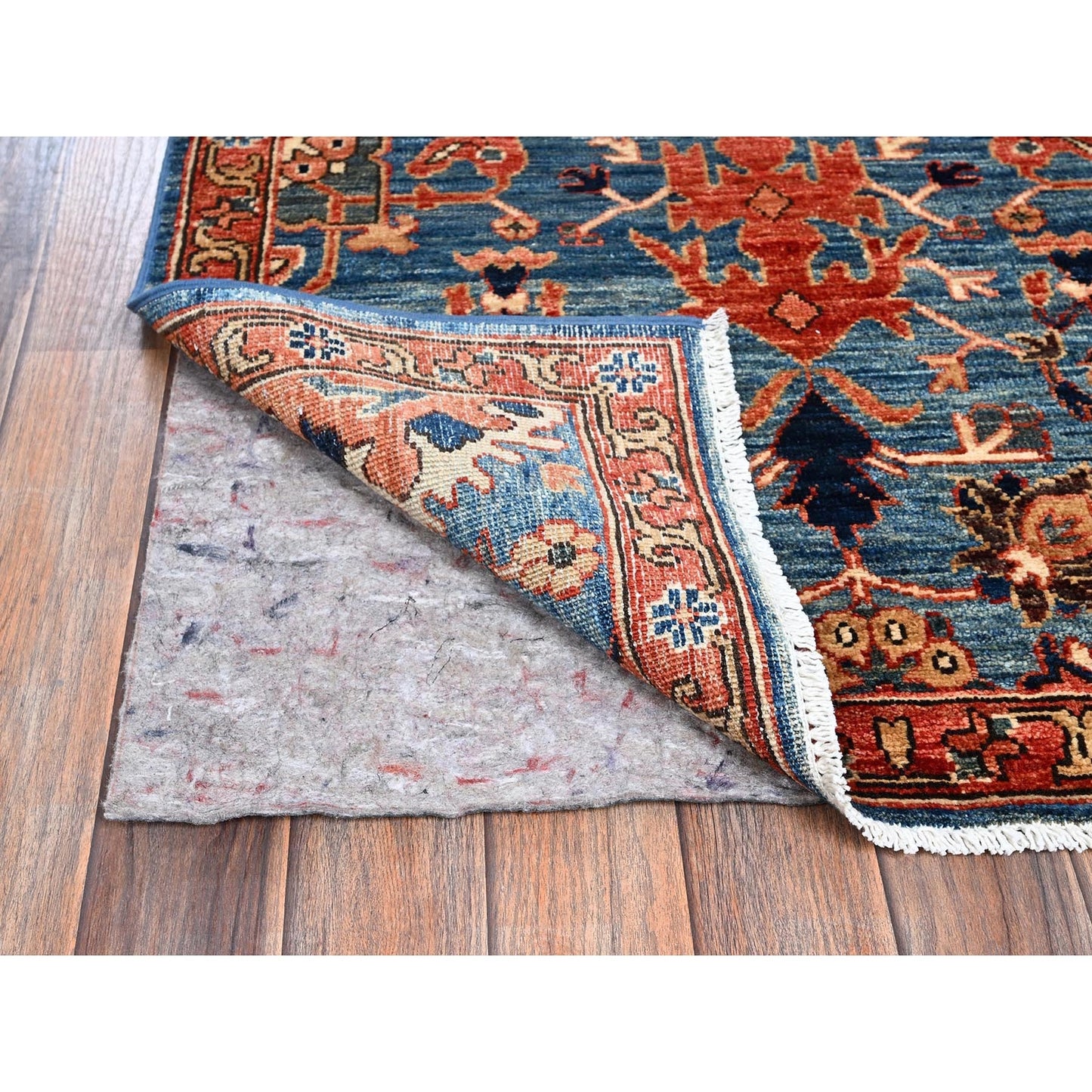 2'10"X9'7" Blue Heris All Over Design Soft Wool Hand Knotted Runner Rug