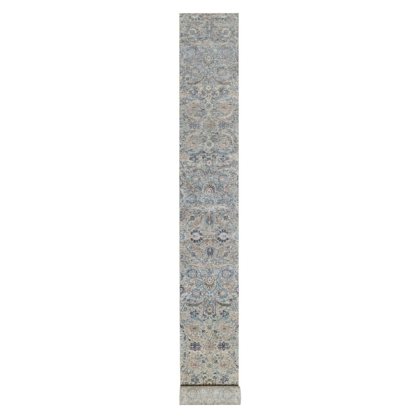2'6"X27'9" White Leaf Design Silk & Textured Wool Hand Knotted Runner Rug
