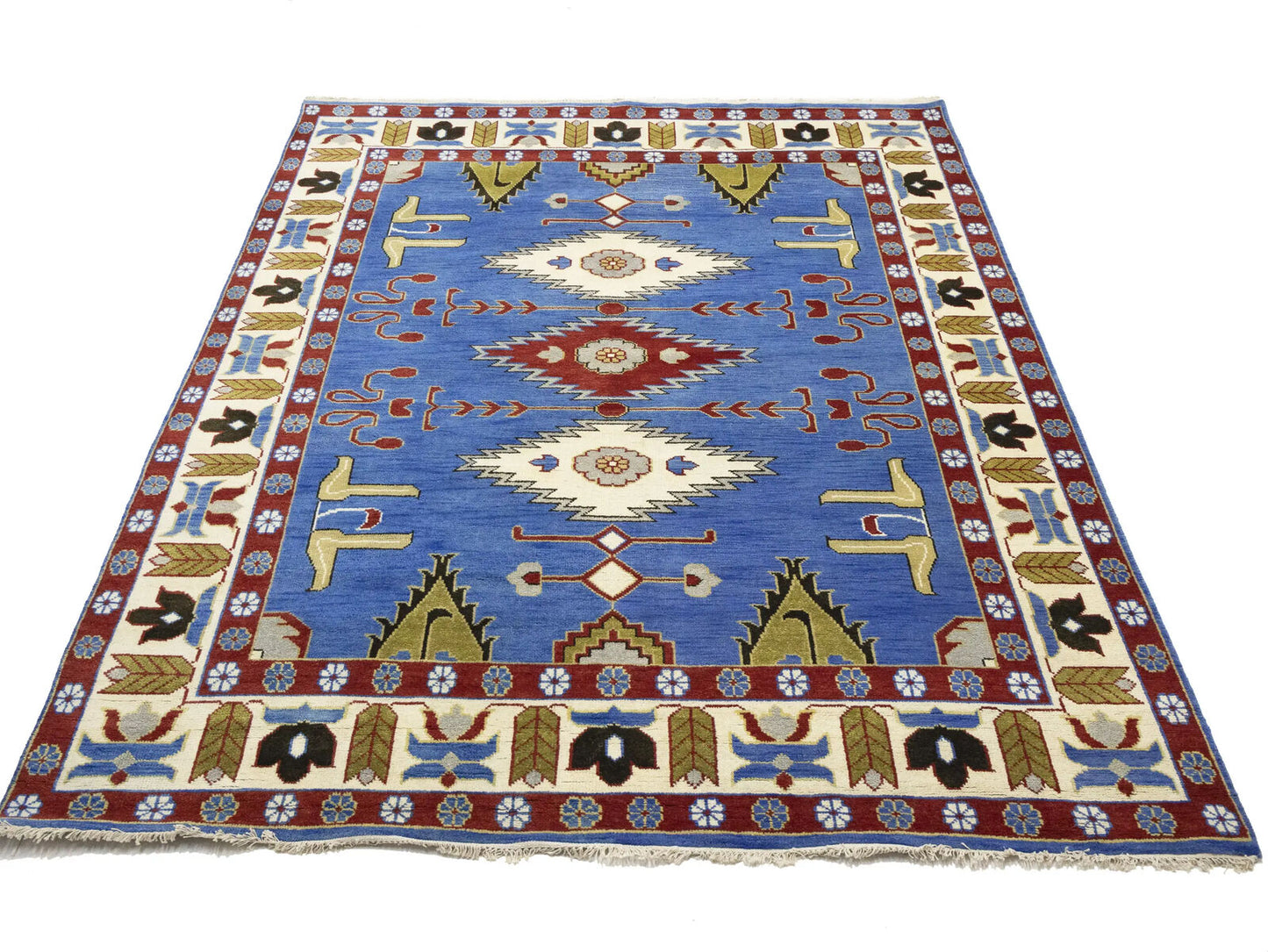 Farmho Boho Blue Geometric Kazak Oriental Rug