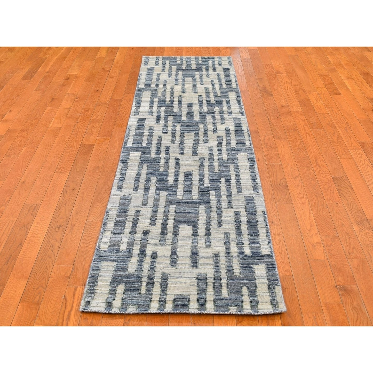 2'6"X10'3" Blue Pure Silk And Textured Wool Wide Runner Hand Knotted Rug