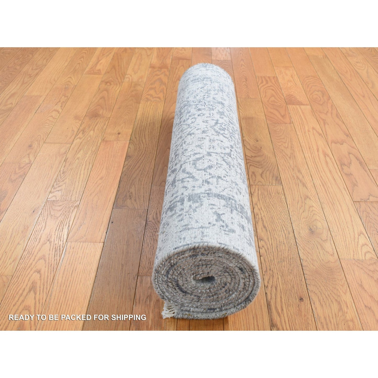 2'7"X7'10" Gray Hand Knotted Zoroastrian Design Wool And Silk Runner Rug