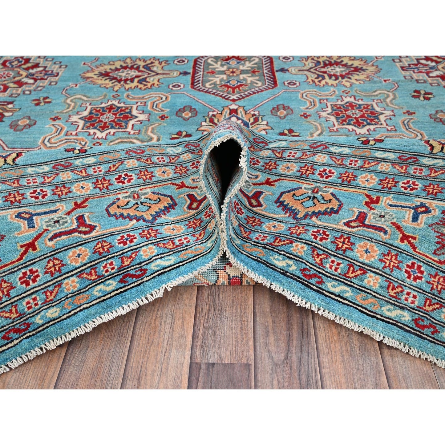 9'X12'1" Fanfare Blue Kazak Geometric Hand Knotted 100% Wool Oriental Rug