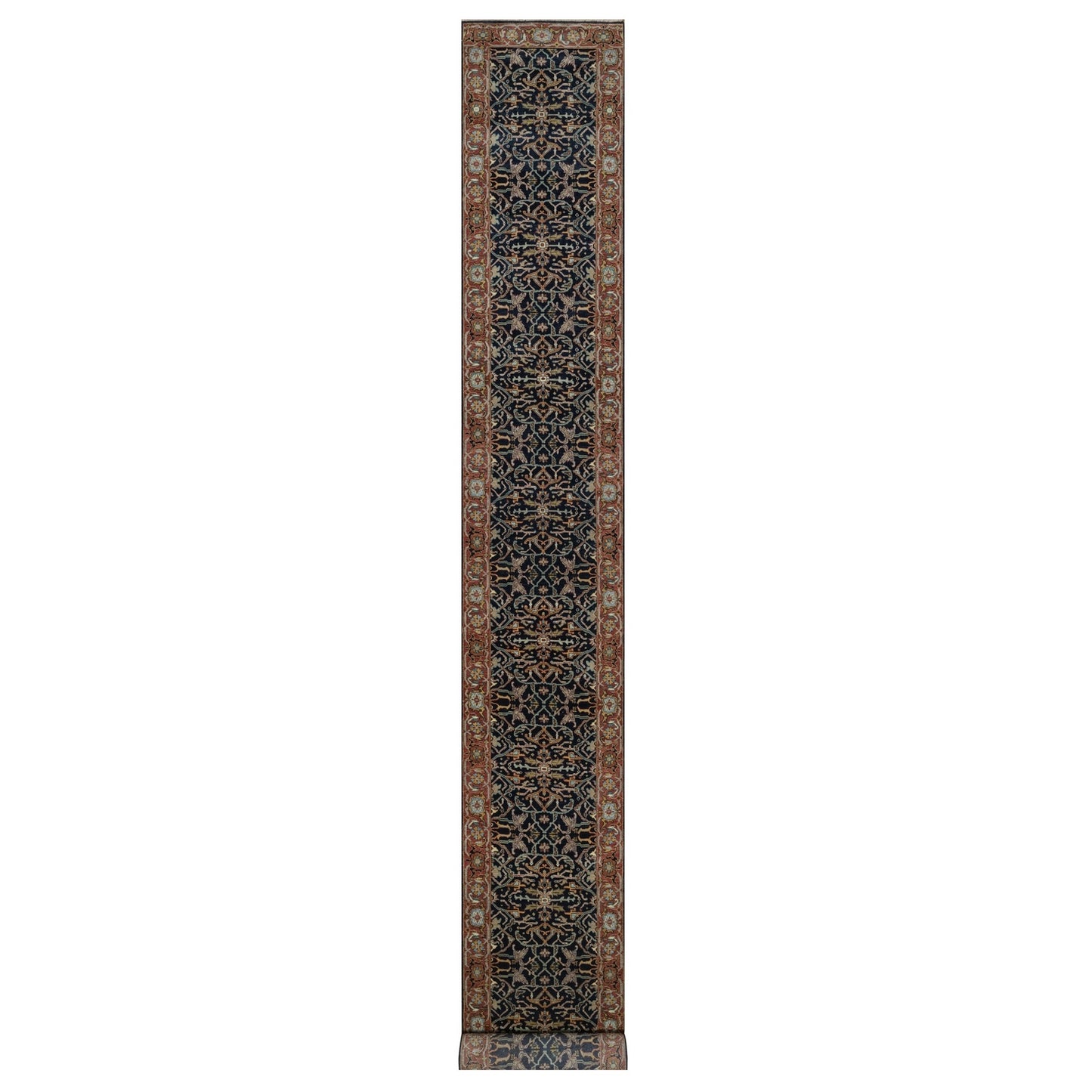 2'6"X22' Navy Antiqued Fine Heris Recreation Hand Knotted Wool Runner Rug