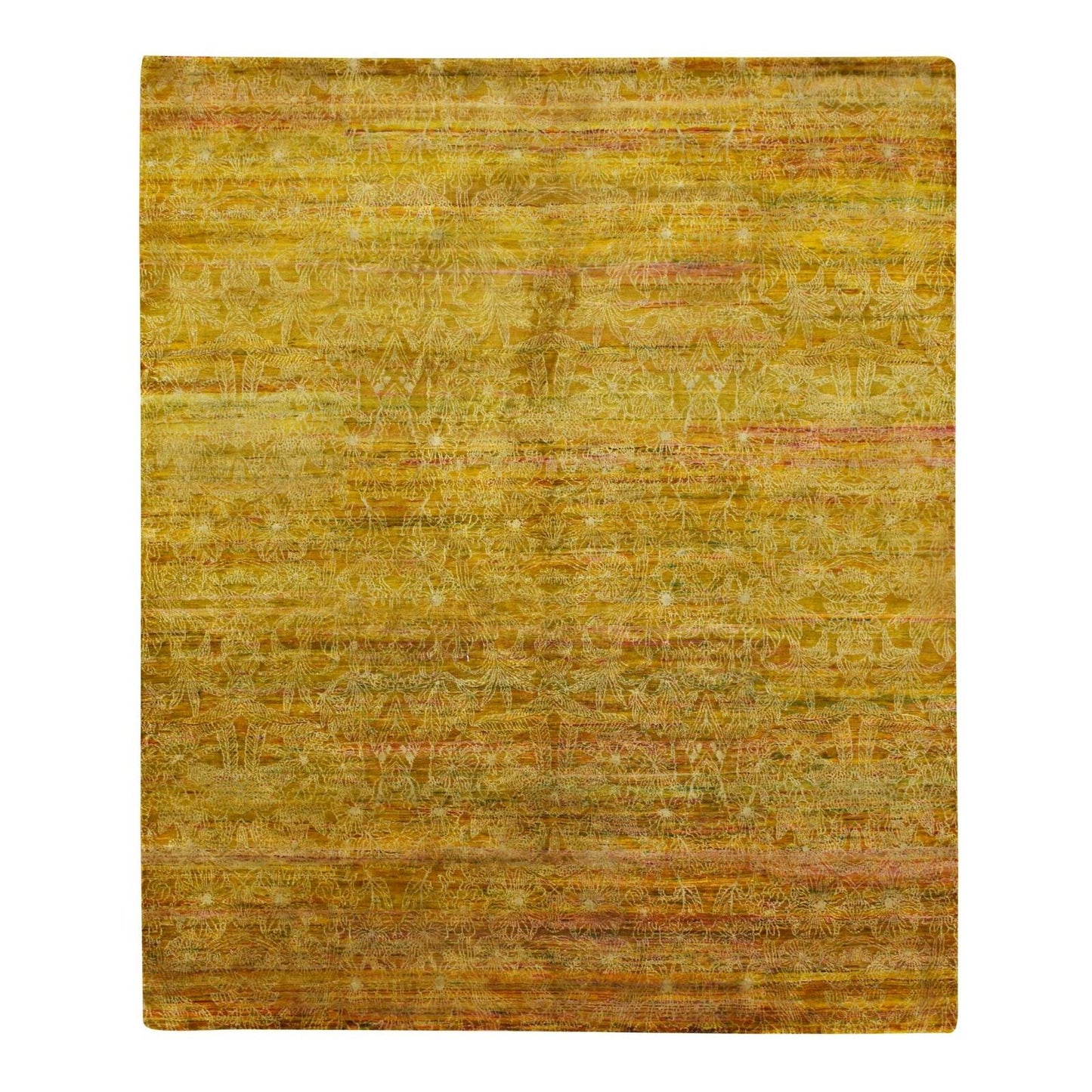 8'X9'3" Golden Brown With Green Modern Design Sari Silk Hand Knotted Rug