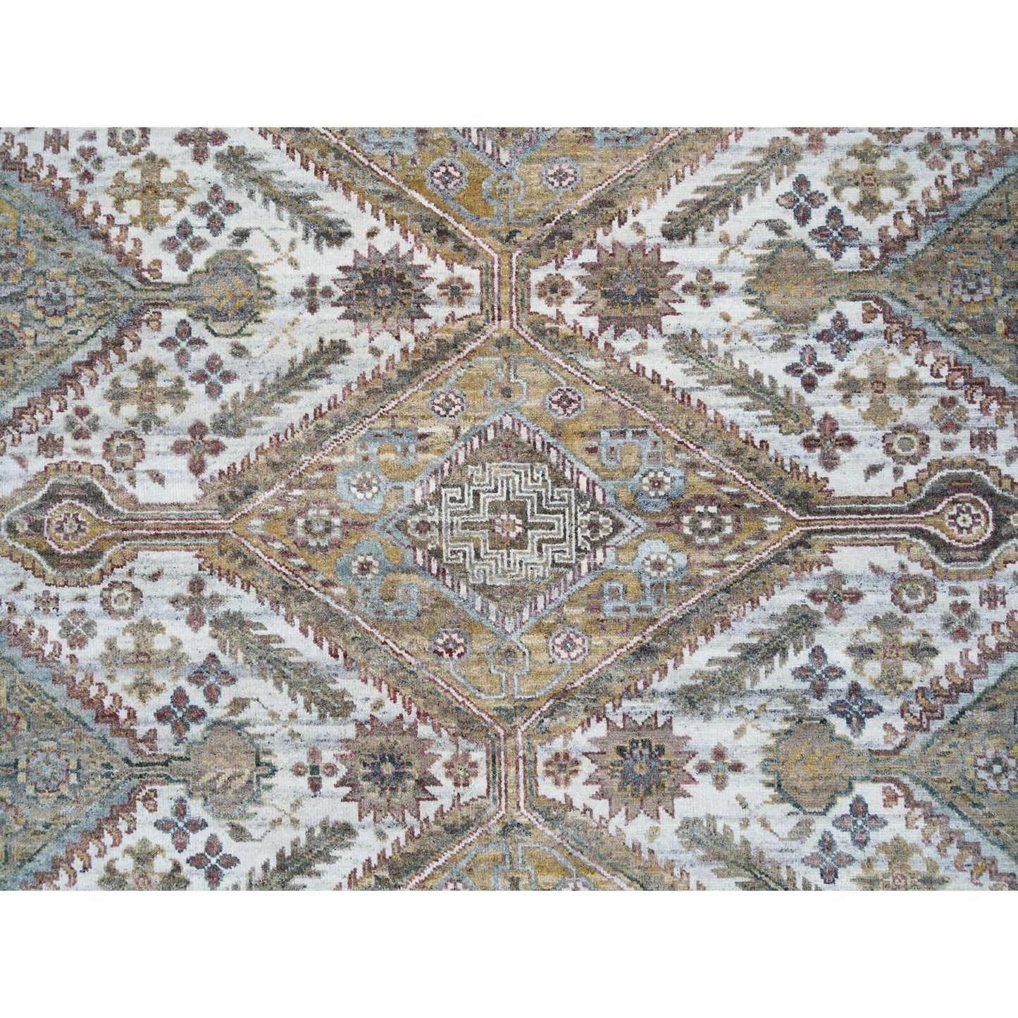 9'10"X10' Ivory Wool Hand Knotted Flower Rosettes Border Oriental Rug