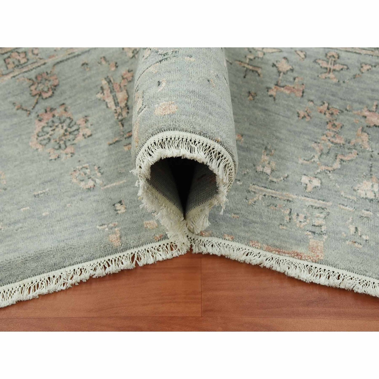 9'X12' Gray Zoroastrian Seeripe Design Wool And Silk Hand Knotted Rug