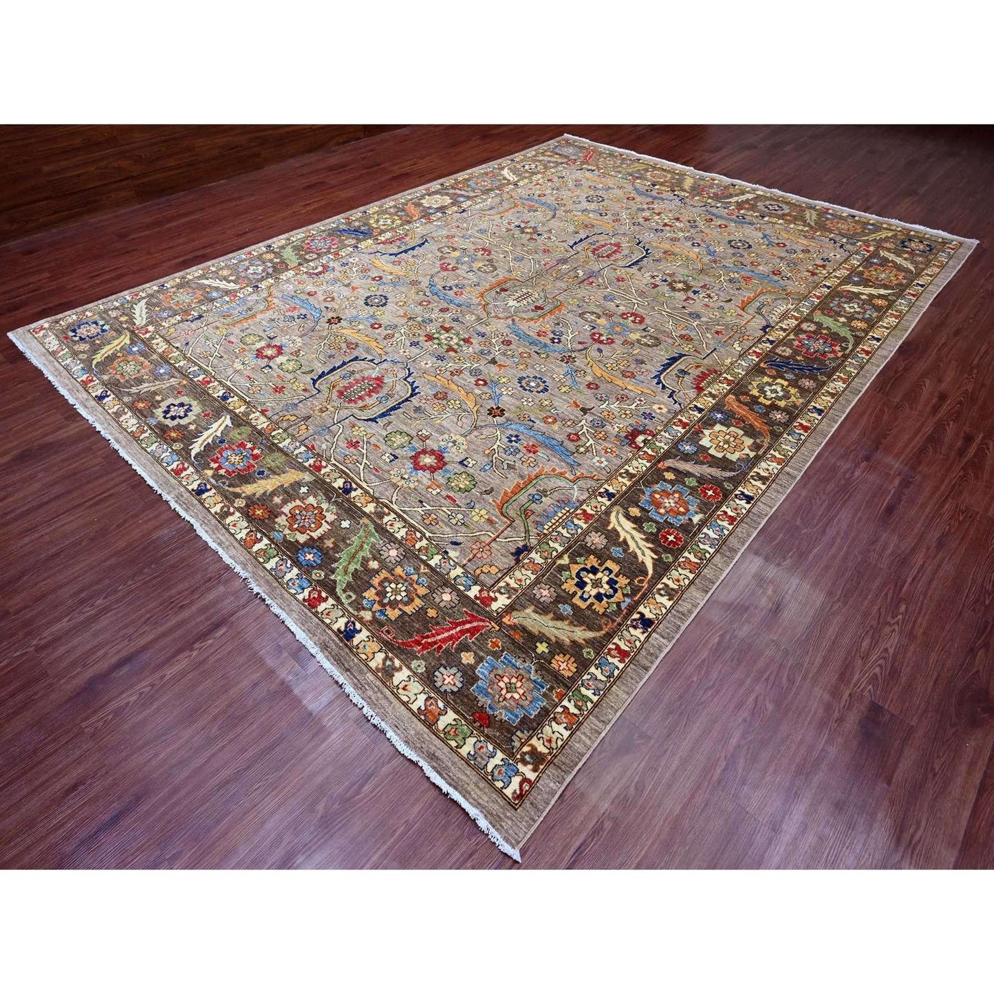 10'X13'4" Stone Gray Peshawar Heris All Over Design Wool Hand Knotted Rug