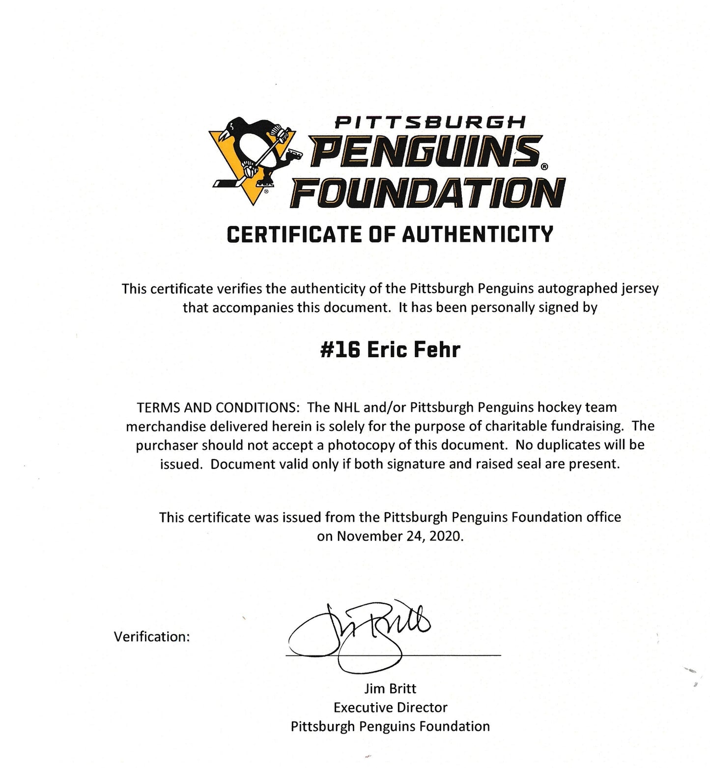 Eric Fehr Signed Penguins Reebok Hockey Authentic Team Jersey Penguins 163112