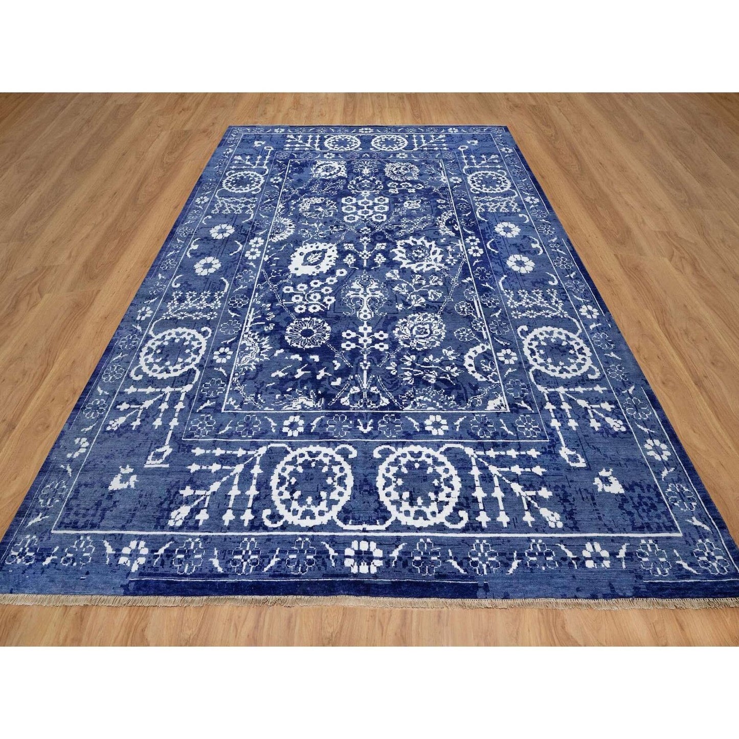 9'X12'3" Yale Blue Tebraz With Leaf Motifs Hand Knotted Wool And Silk Rug