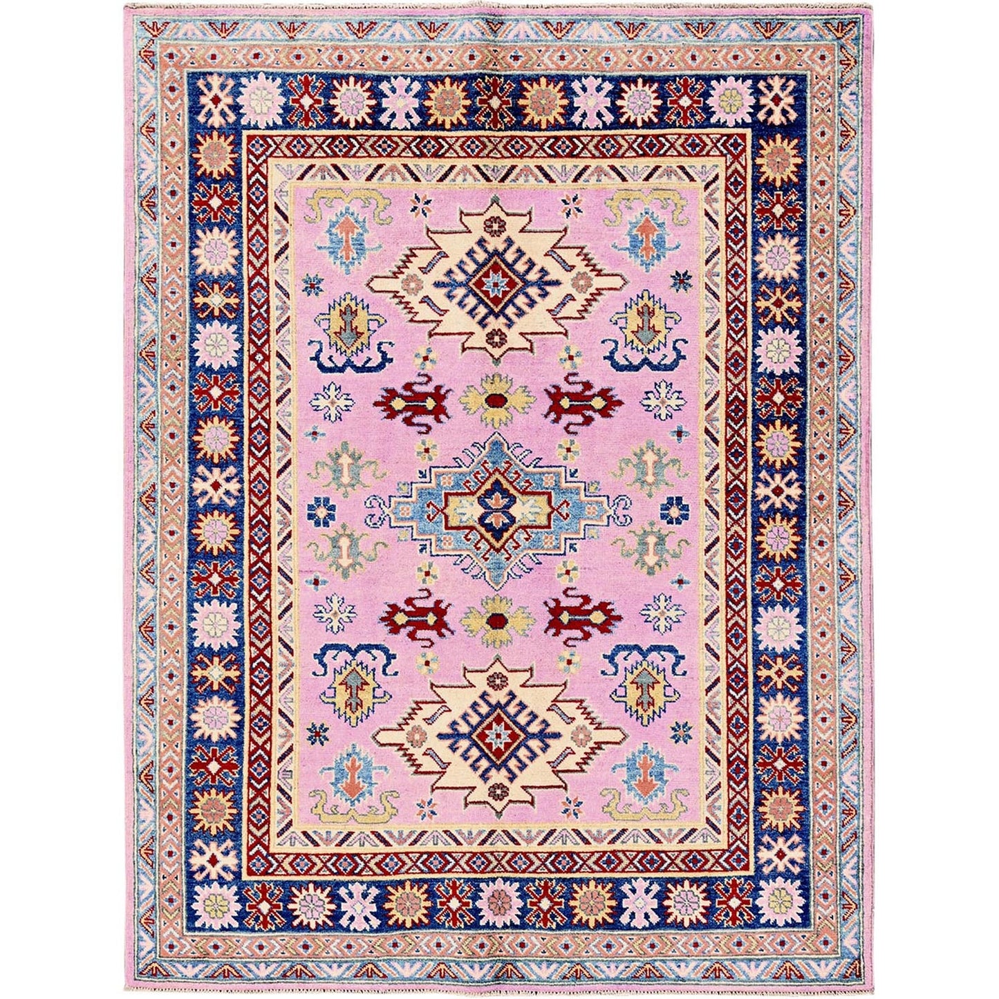 5'X6'7" Aurora Pink Kazak With Geometric Design Hand Knotted Pure Wool Rug