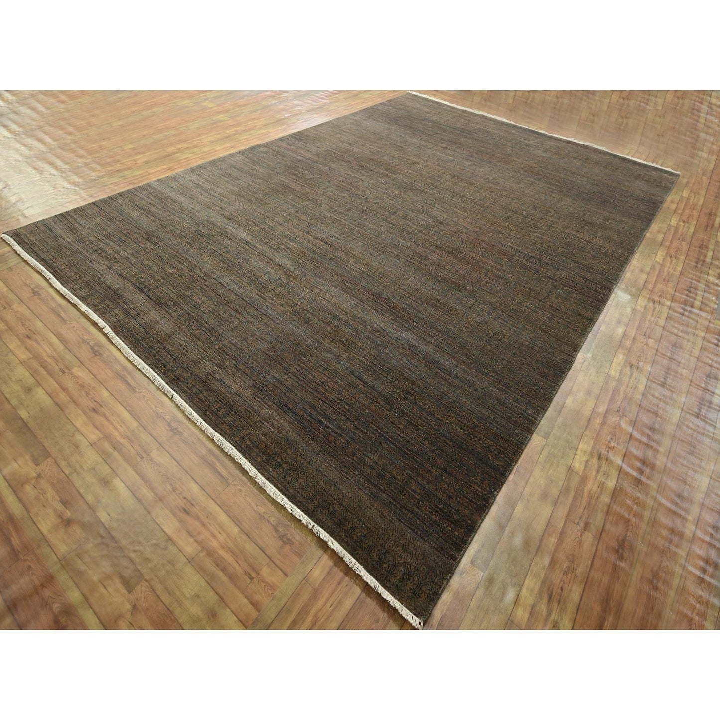 10'X14' Cinnamon Brown Modern Grass Design Hand Knotted Wool And Silk Rug