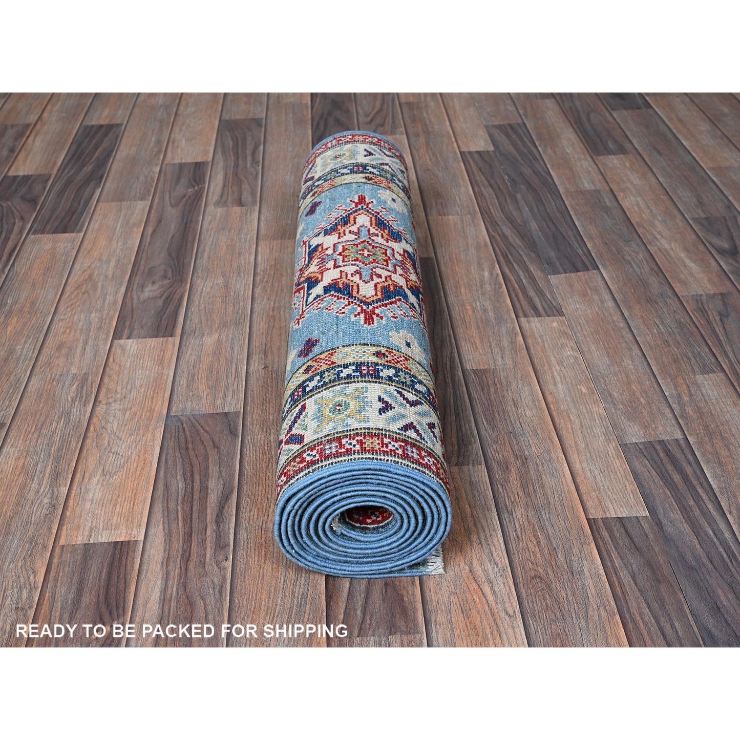 2'7"X9'9" Blue Kazak With Tribal Design Soft Wool Hand Knotted Runner Rug