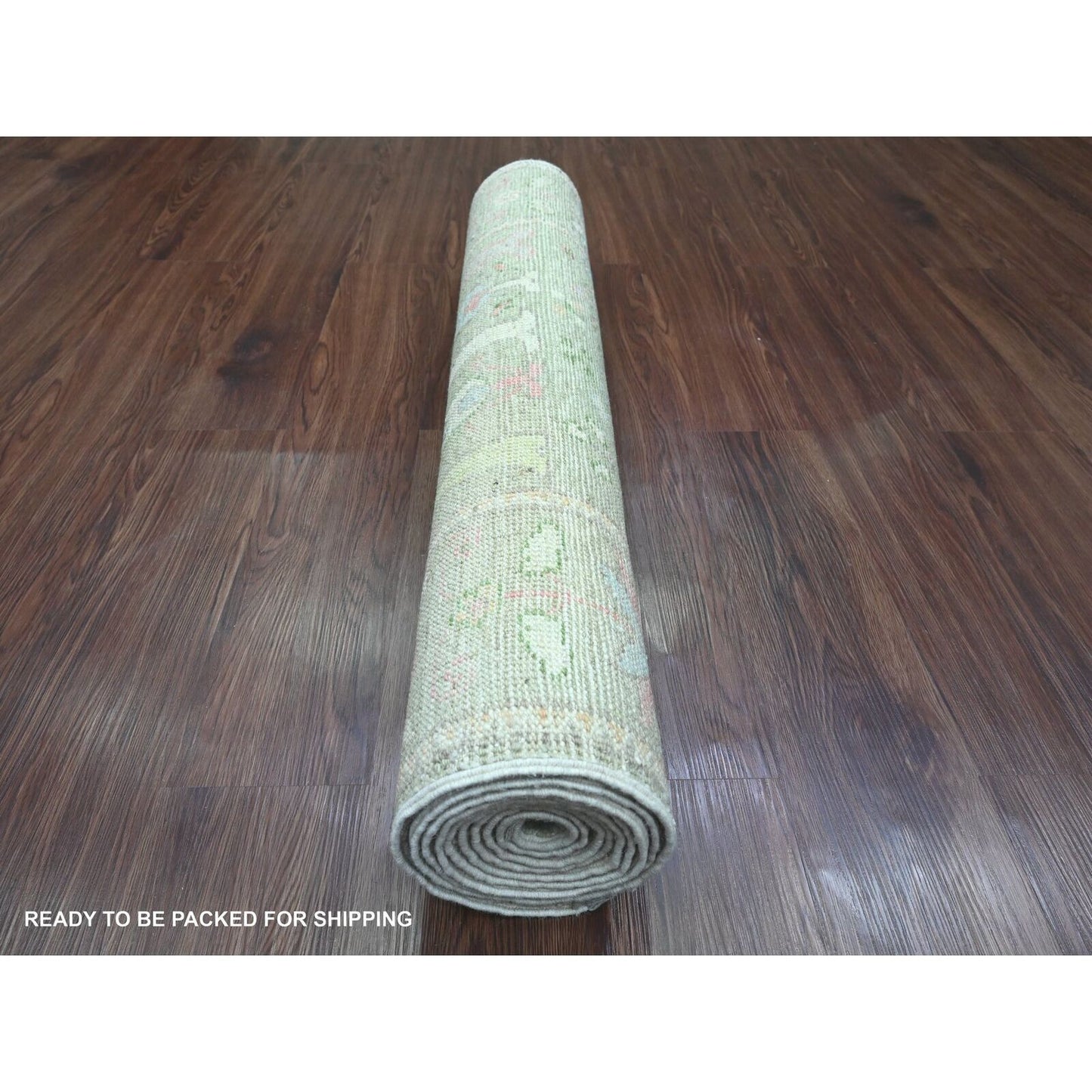 3'2"X9'9" Green Hand Knotted Angora Oushak Tree Design Wool Runner Rug