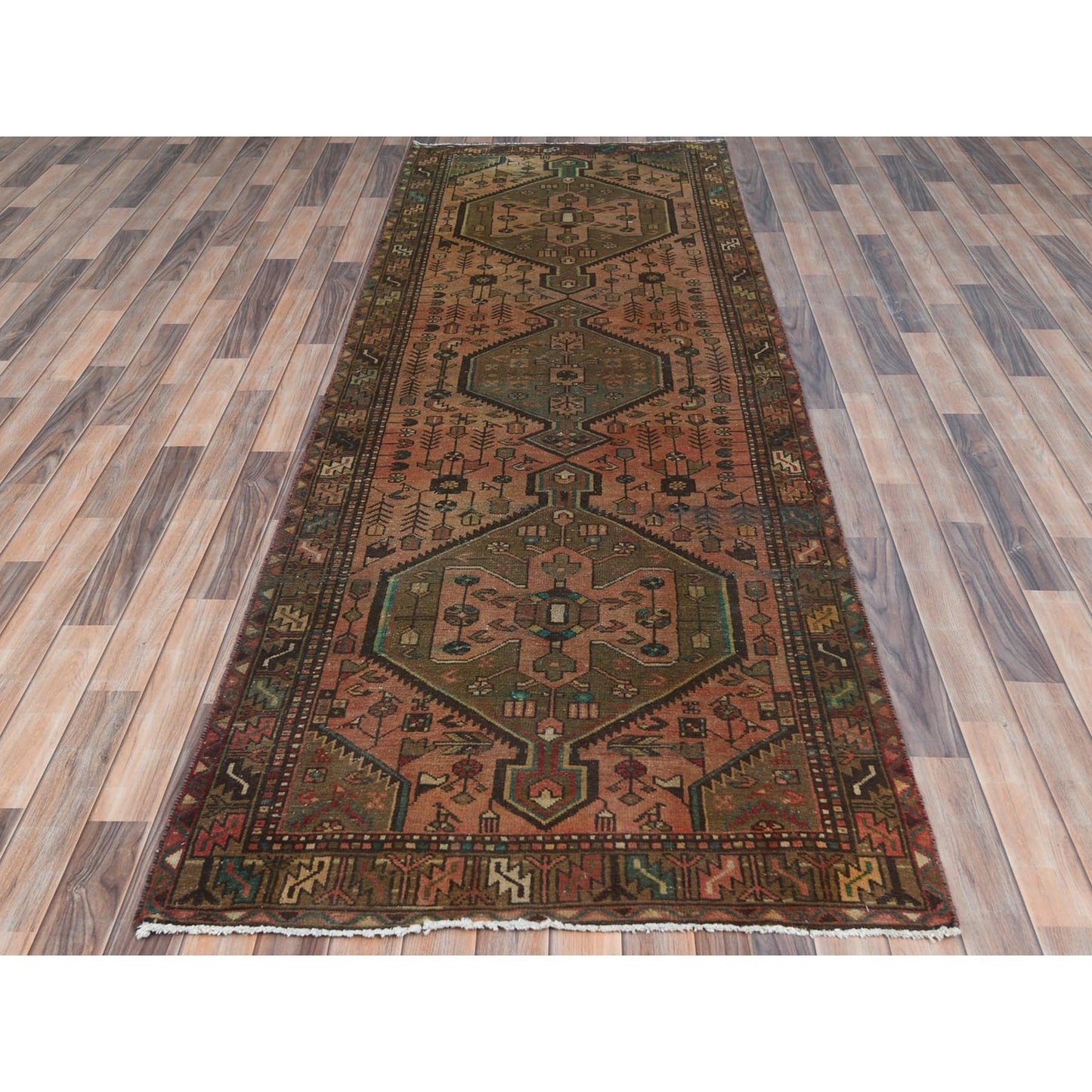 3'7"X10'2" Brown Worn Wool Hand Knotted Vintage Farsian Wide Runner Rug