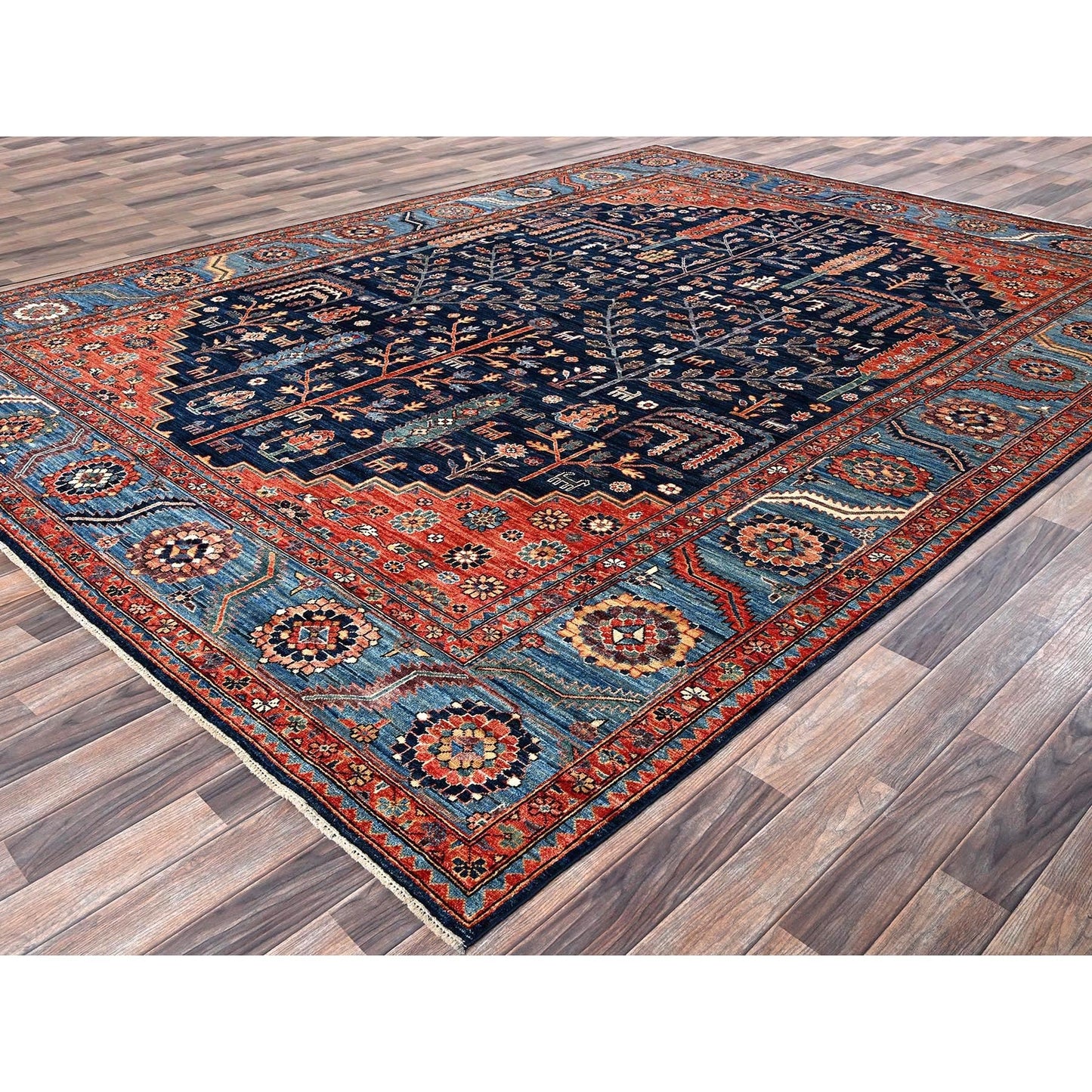 9'2"X12'1" Yale Blue Willow And Cypress Tree Design Wool Hand Knotted Rug