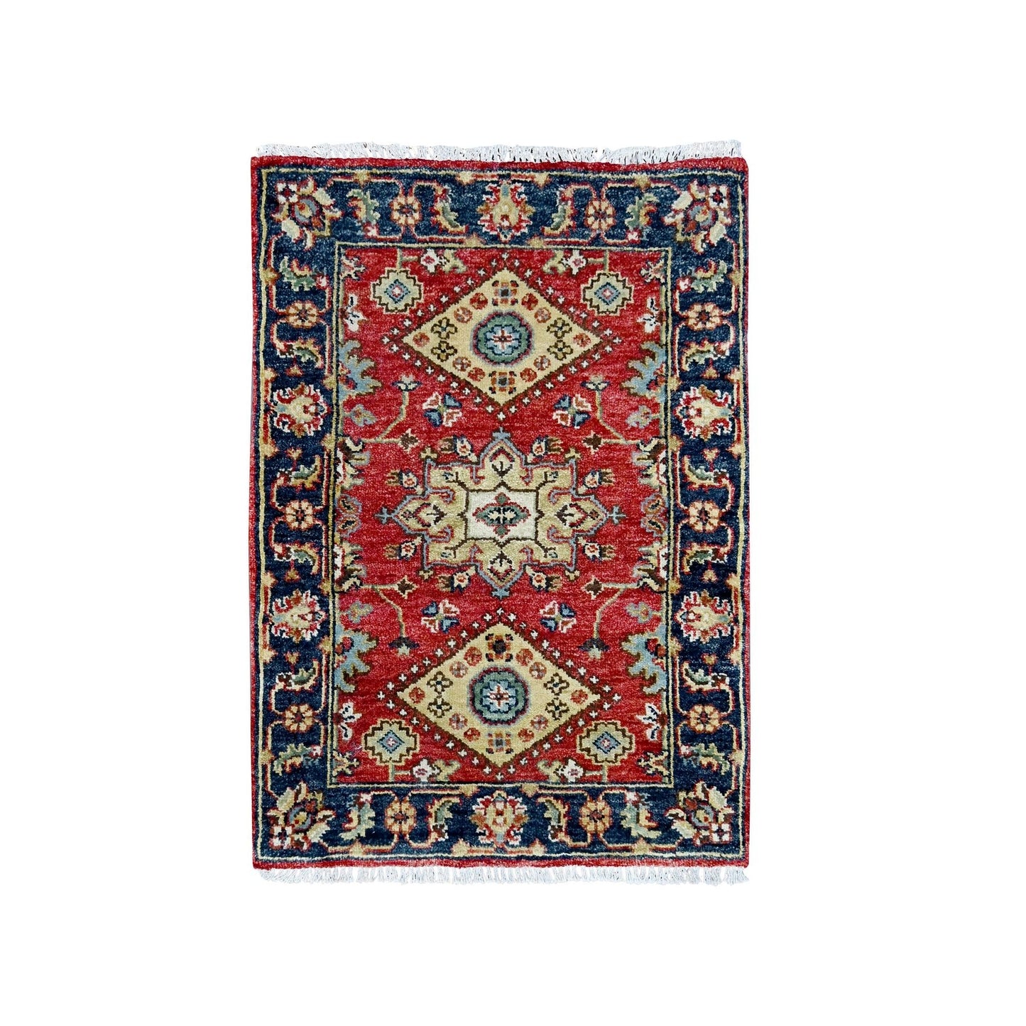 2'X3' Rich Red Karjihooz Geometric Medallions Wool Hand Knotted Mat Rug