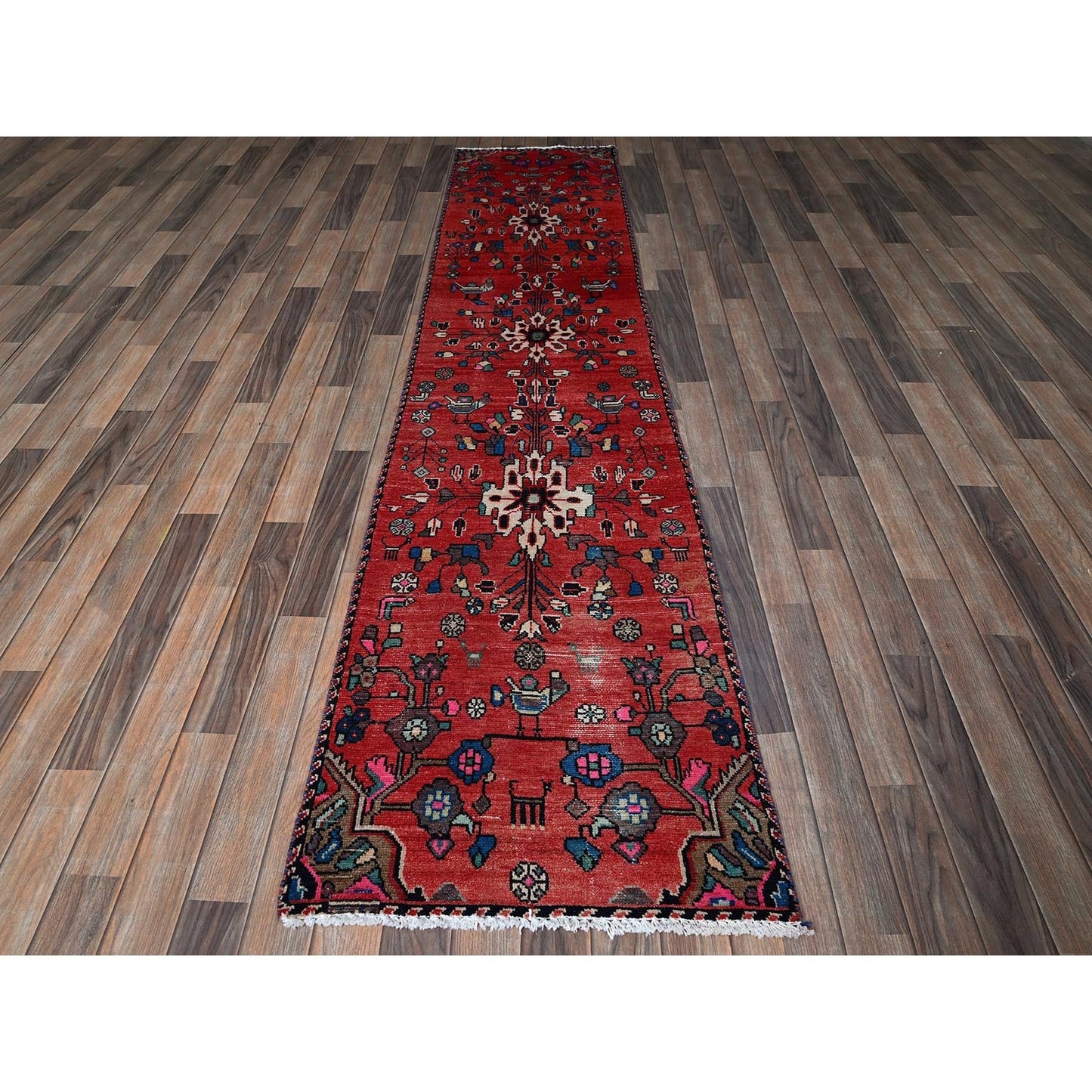 2'3"X9'6" Red Vintage Zoroastrian Khamadan Hand Knotted Wool Runner Rug