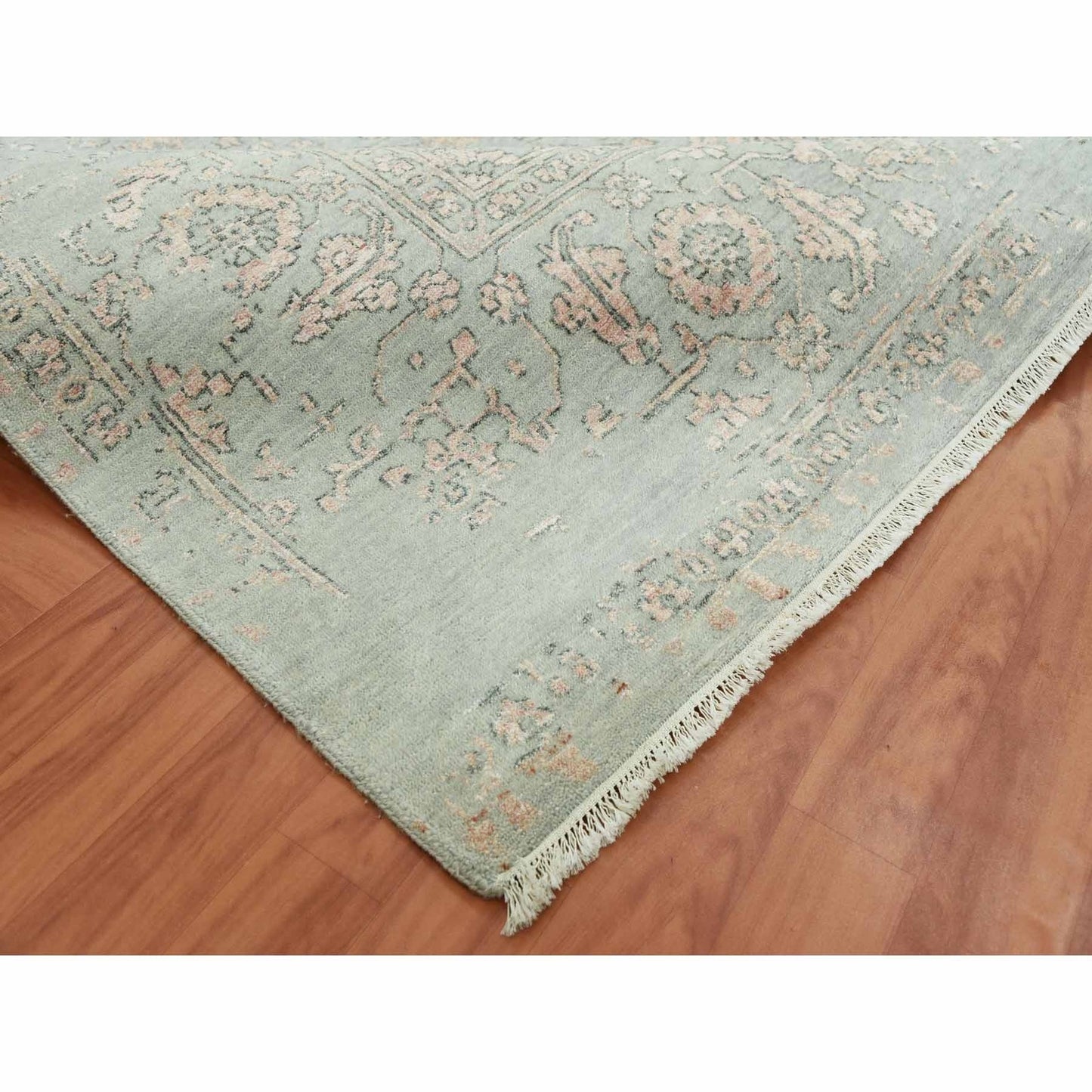 9'X12' Gray Zoroastrian Seeripe Design Wool And Silk Hand Knotted Rug