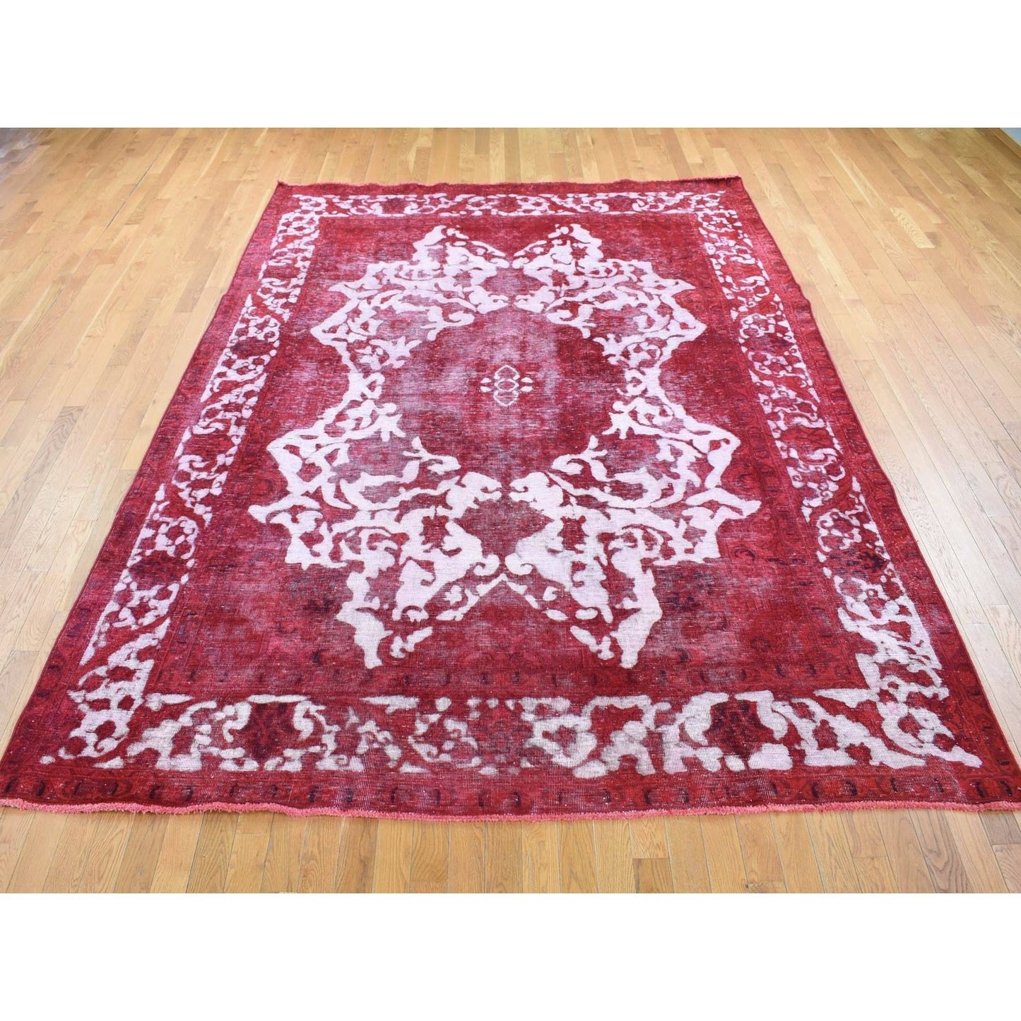 8'2"X11'1" Red Overdyed Vintage Tebraz Design Pure Wool Hand Knotted Rug