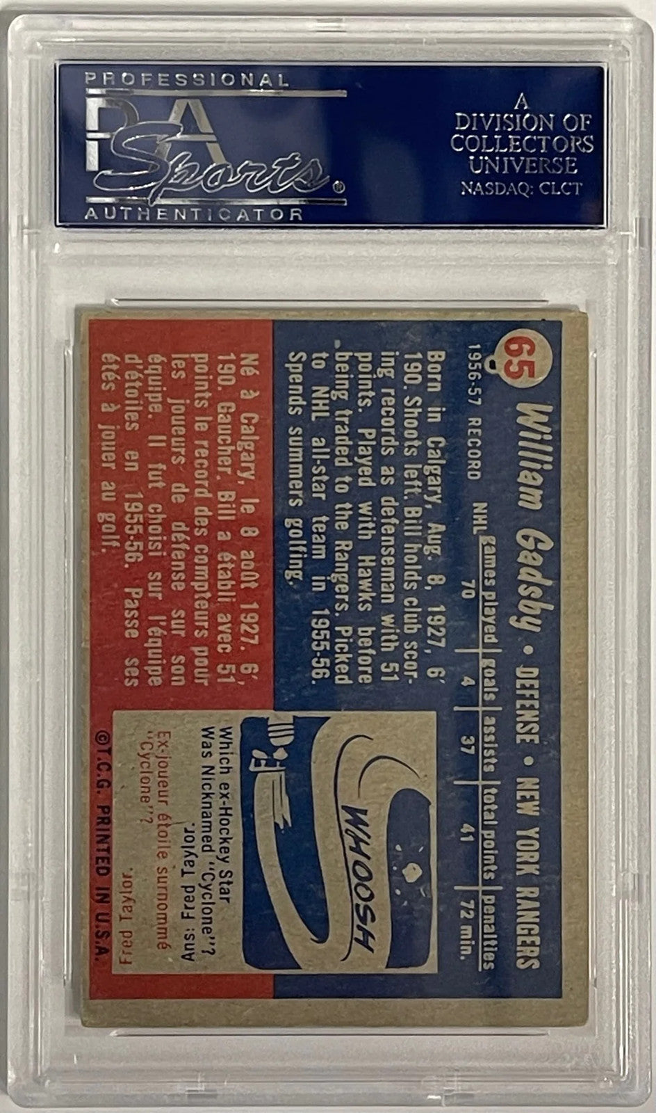 Bill Gadsby Autographed 1957-58 Topps Card #65