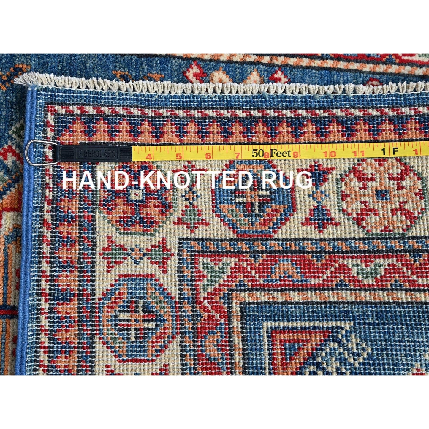 2'8"X4' Blue Kazak With Tribal Design Hand Knotted Soft Wool Sample Rug