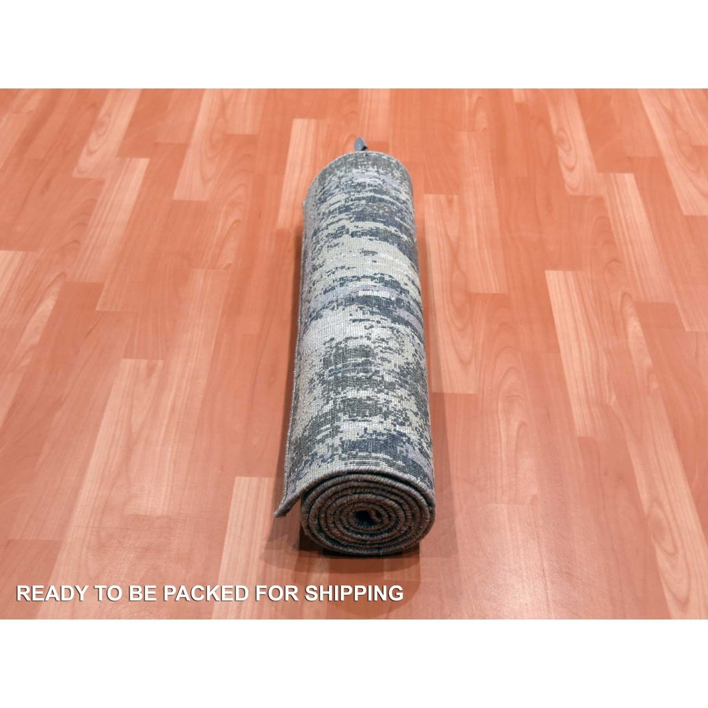 2'6"X8'3" Gray Abstract Design Wool And Silk Hand Knotted Runner Rug