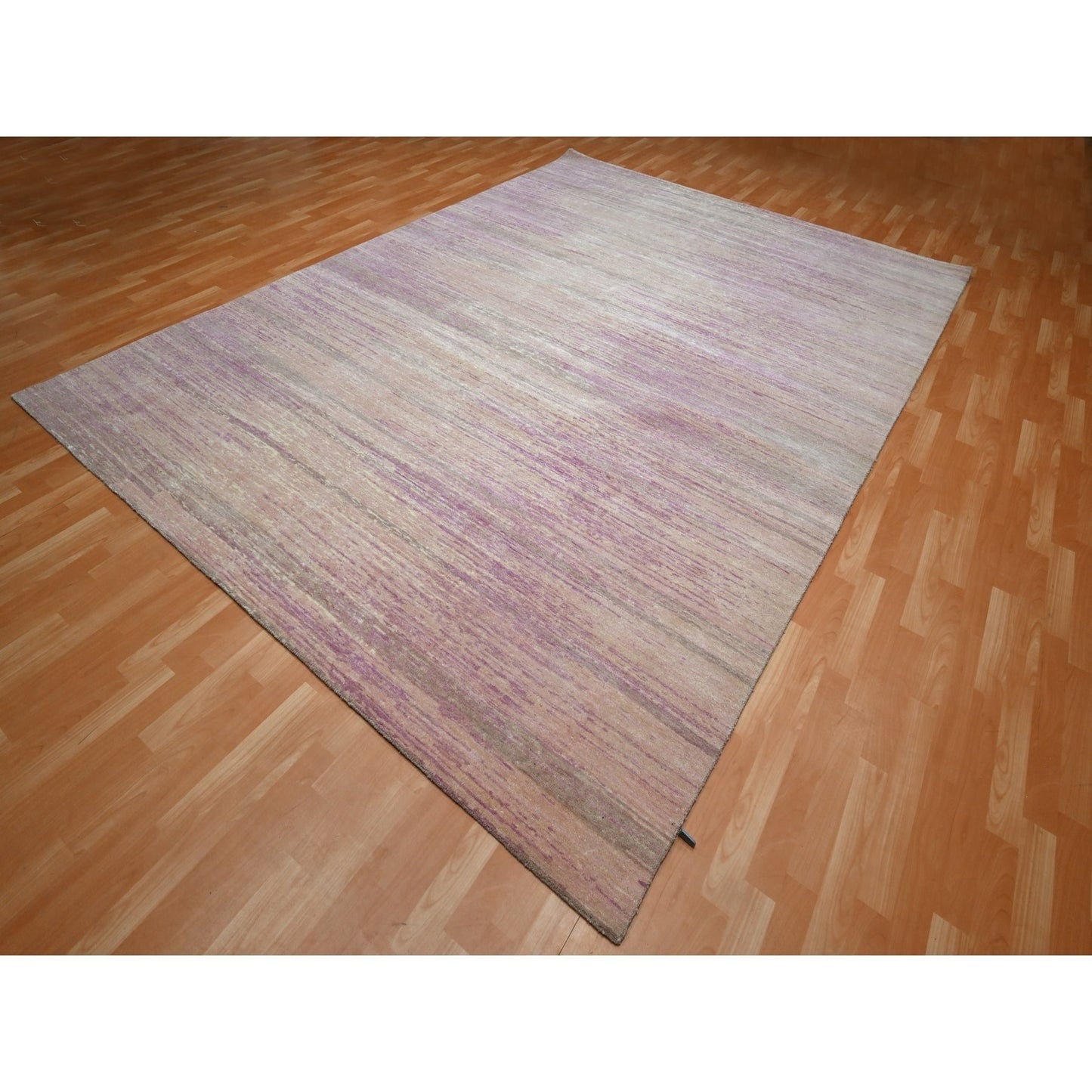9'X12'3" Flamingo Pink Horizontal Ombre Design Hand Knotted Pure Wool Rug