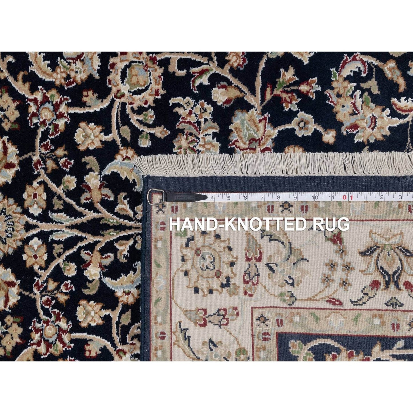 4'X6' Navy Blue Nain All Over Flower Design Wool & Silk Hand Knotted Rug