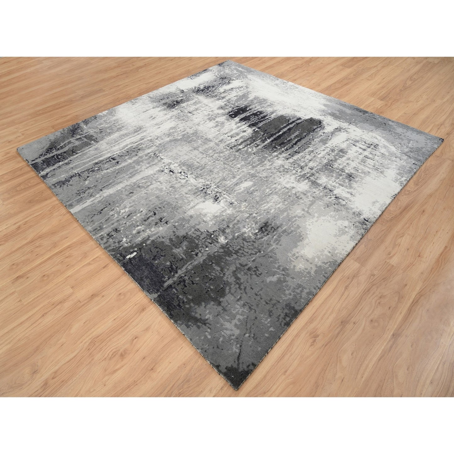 8'1"X8'1" Wool And Silk Ivory Abstract Design Hand Knotted Square Rug