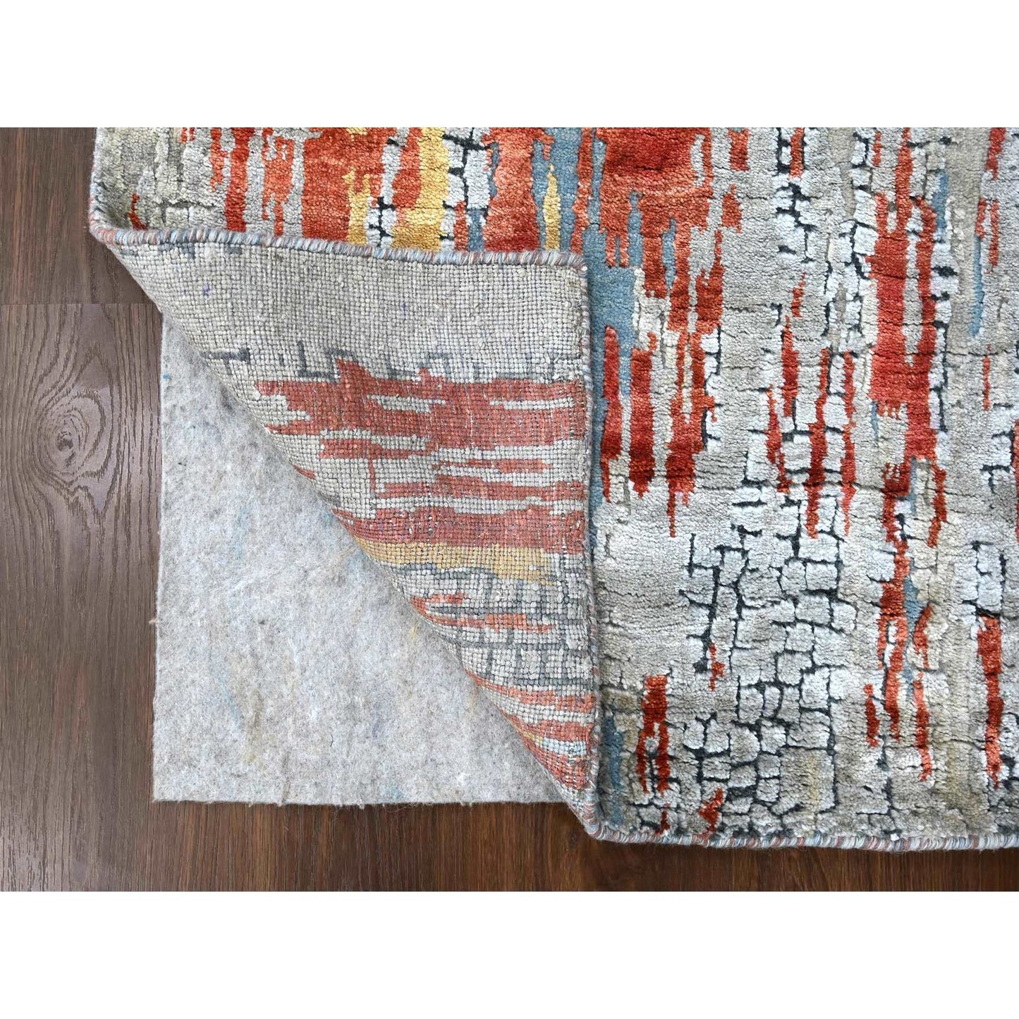 2'5"X25'8" Dark Coral Abstract Hand Knotted Wool And Silk Xl Runner Rug
