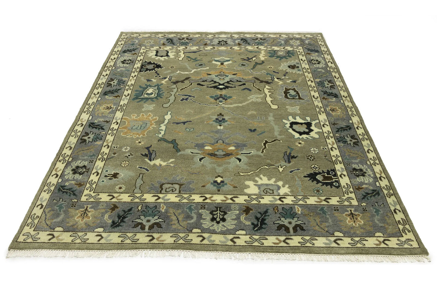 Khaki Floral Oushak Chobi Oriental Rug Handmade