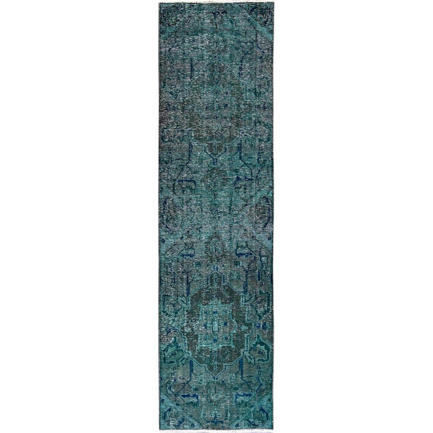 2'6"X9'8" Overdyed Green Vintage Zoroastrian Hand Knotted Wool Runner Rug
