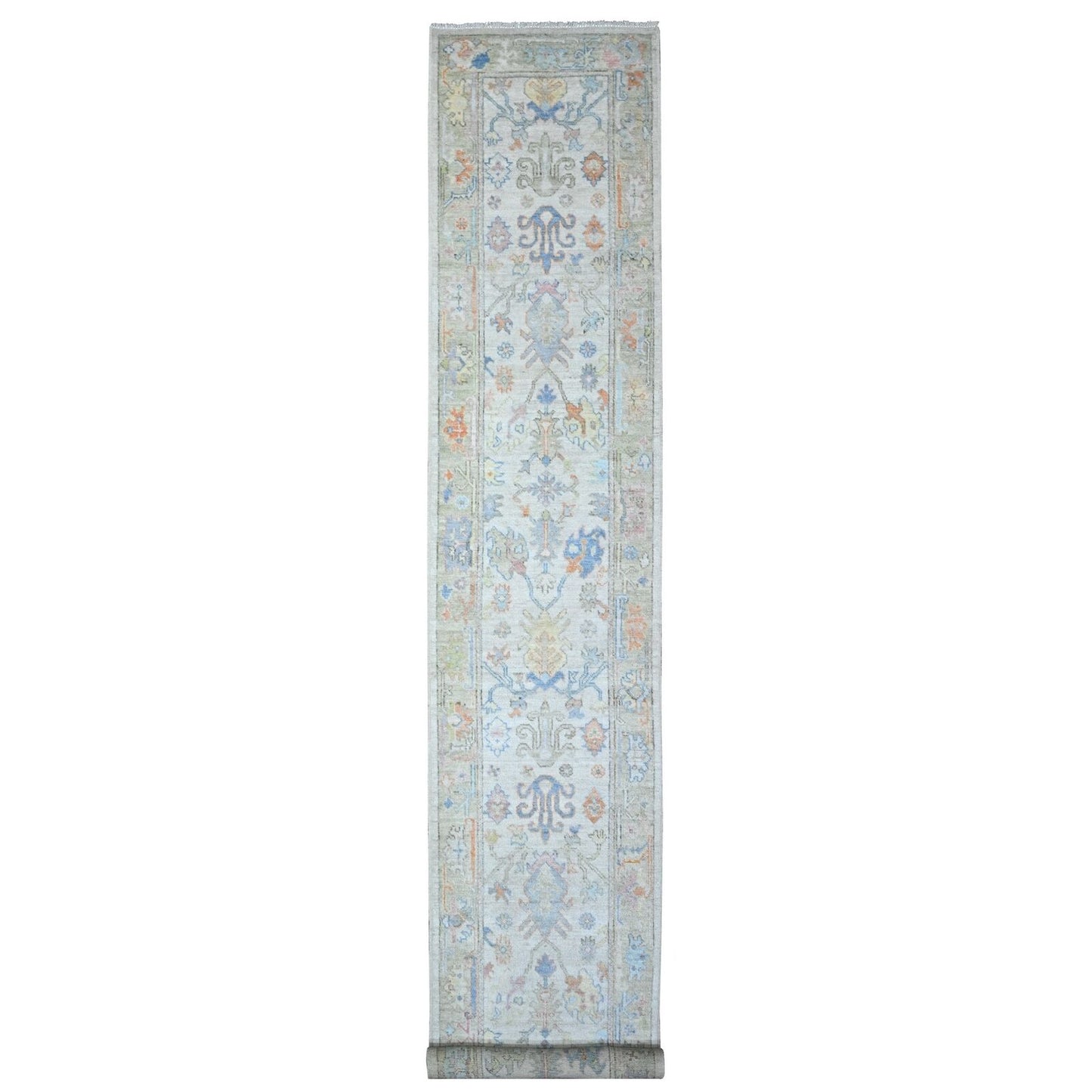 2'7"X15'9" White Smoke Gray Afghan Angora Oushak Xl Runner Oriental Rug