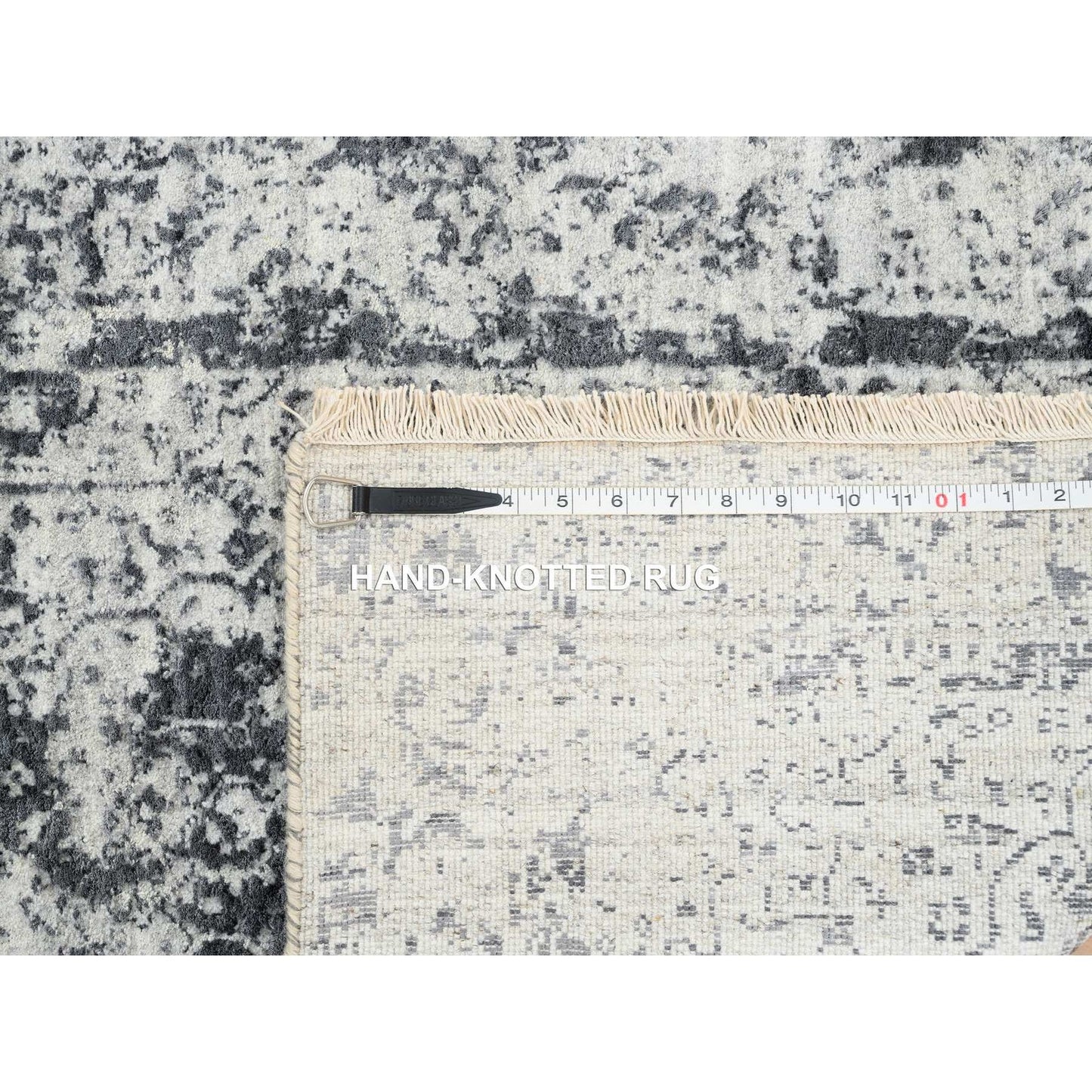 2'7"X12' Gray Wool/Silk Hand Knotted Erased Zoroastrian Design Runner Rug