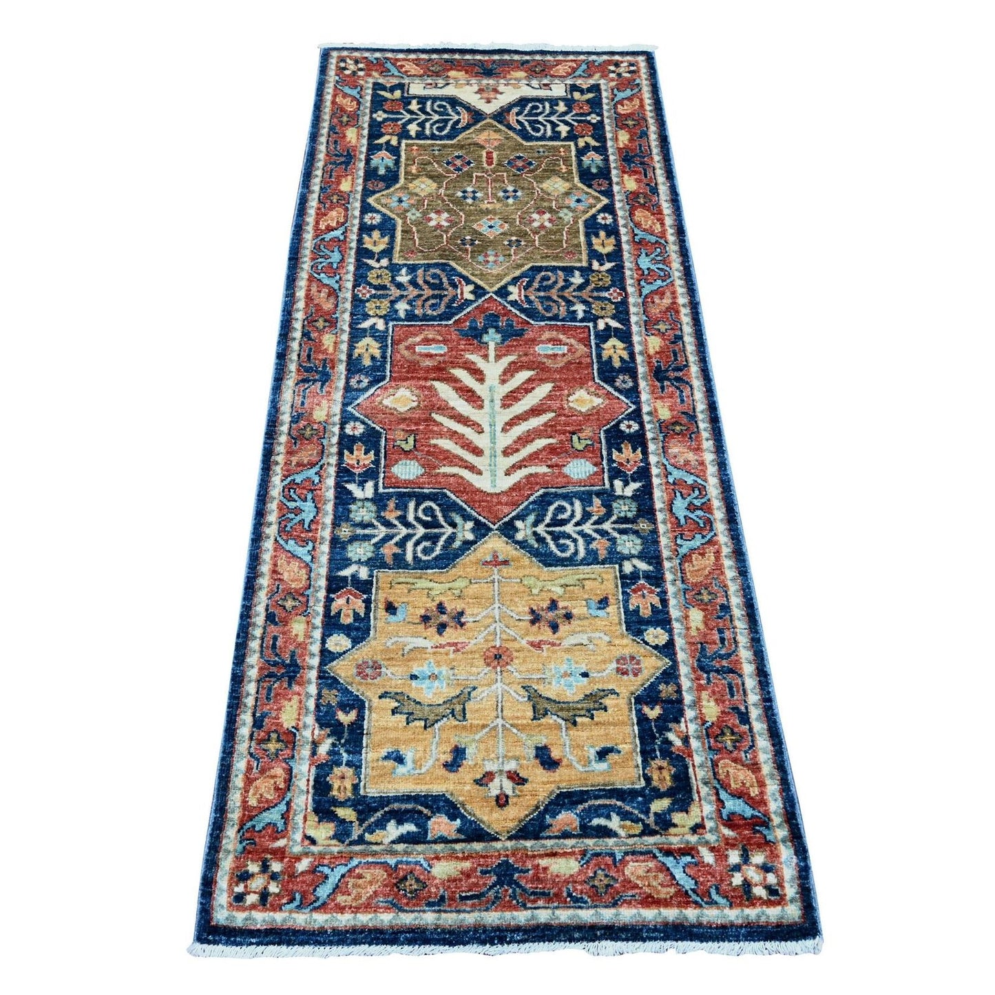 2'5"X6' Yale Blue Caucasian Akstafa Design Wool Hand Knotted Runner Rug