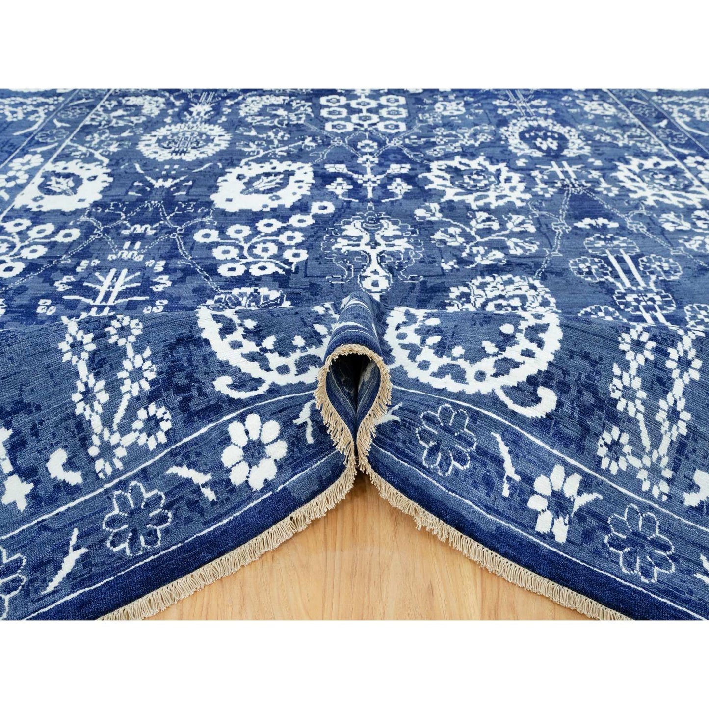 10'X10' Kensington Blue Hand Knotted Tebraz Wool Silk Oriental Square Rug