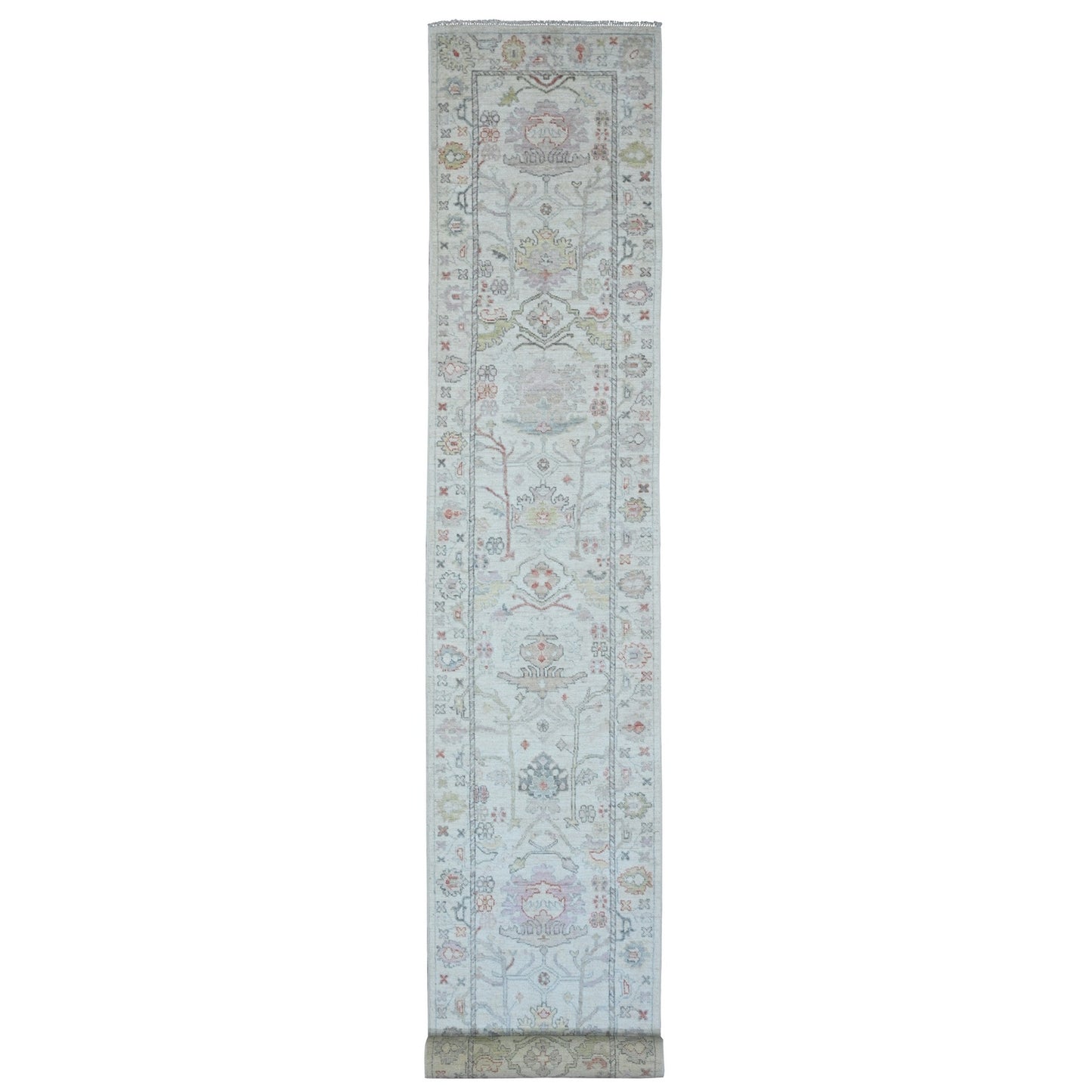 3'X22'5" White Angora Oushak Leaf Design All Wool Hand Knotted Runner Rug
