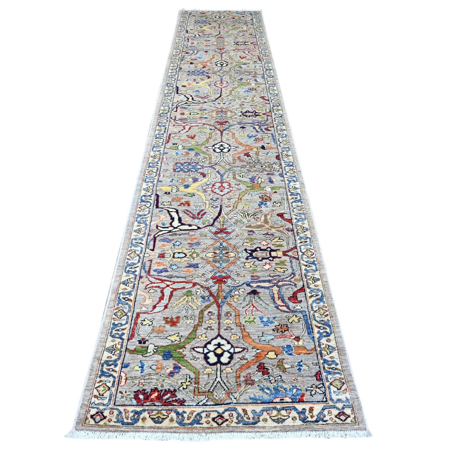 3'X15'5" Gray Peshawar Bijar Garus Design Wool Hand Knotted Runner Rug